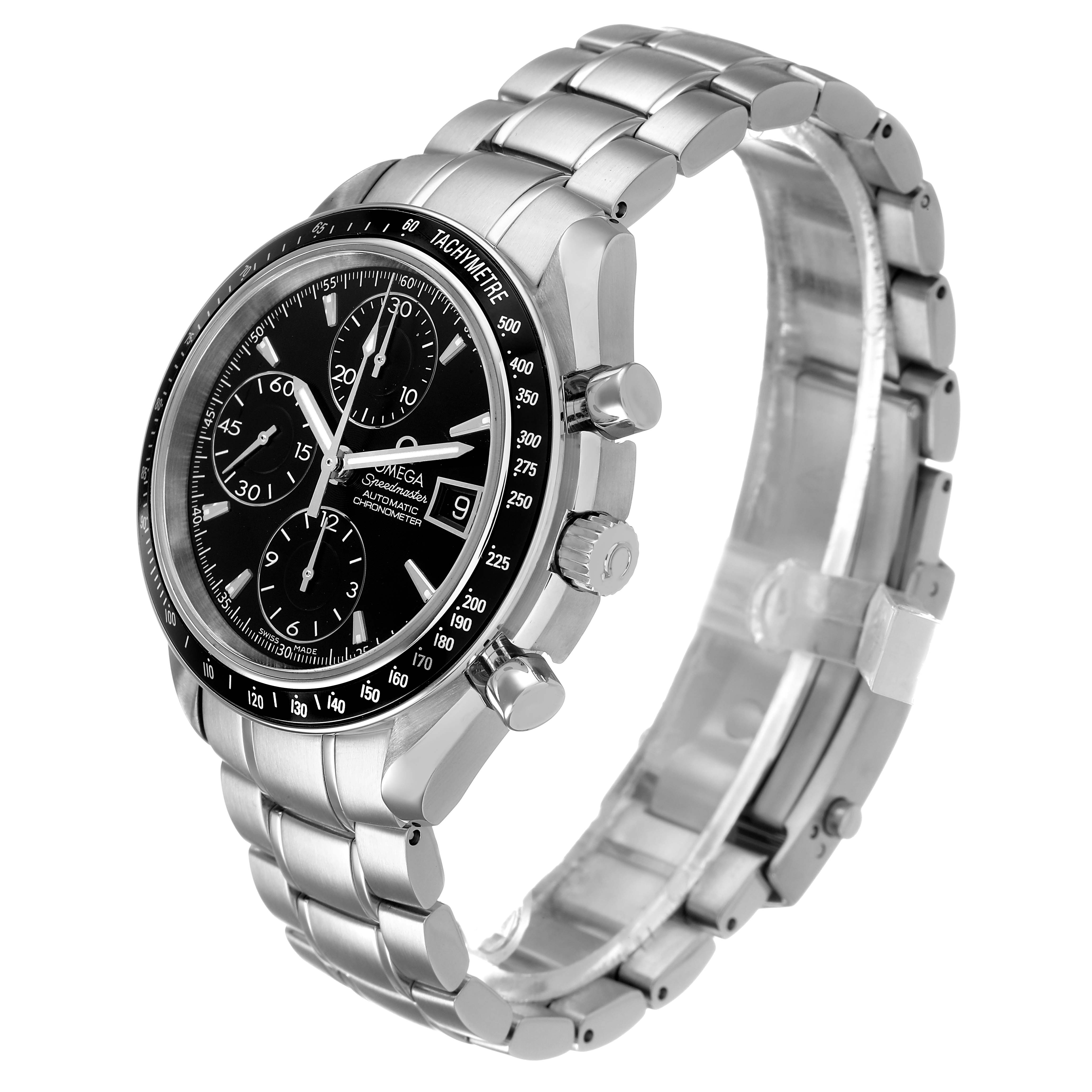 The Omega Speedmaster 3210.50.00 Men's Stainless Steel Black Dial watch is shown at a three-quarter angle, displaying its dial, bezel, crown, and stainless steel bracelet.
