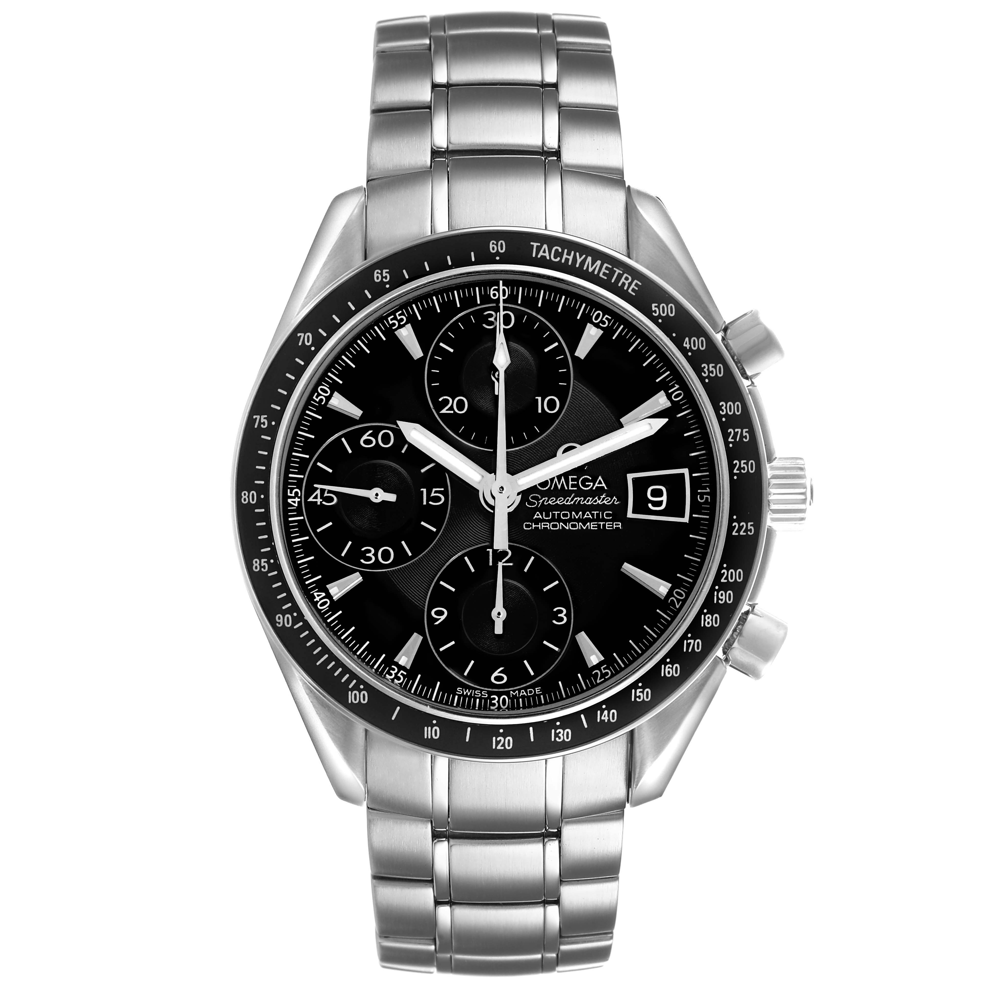 The Omega Speedmaster 3210.50.00 Men's Stainless Steel Black Dial watch is shown from the front, highlighting its dial, tachymeter bezel, and bracelet.
