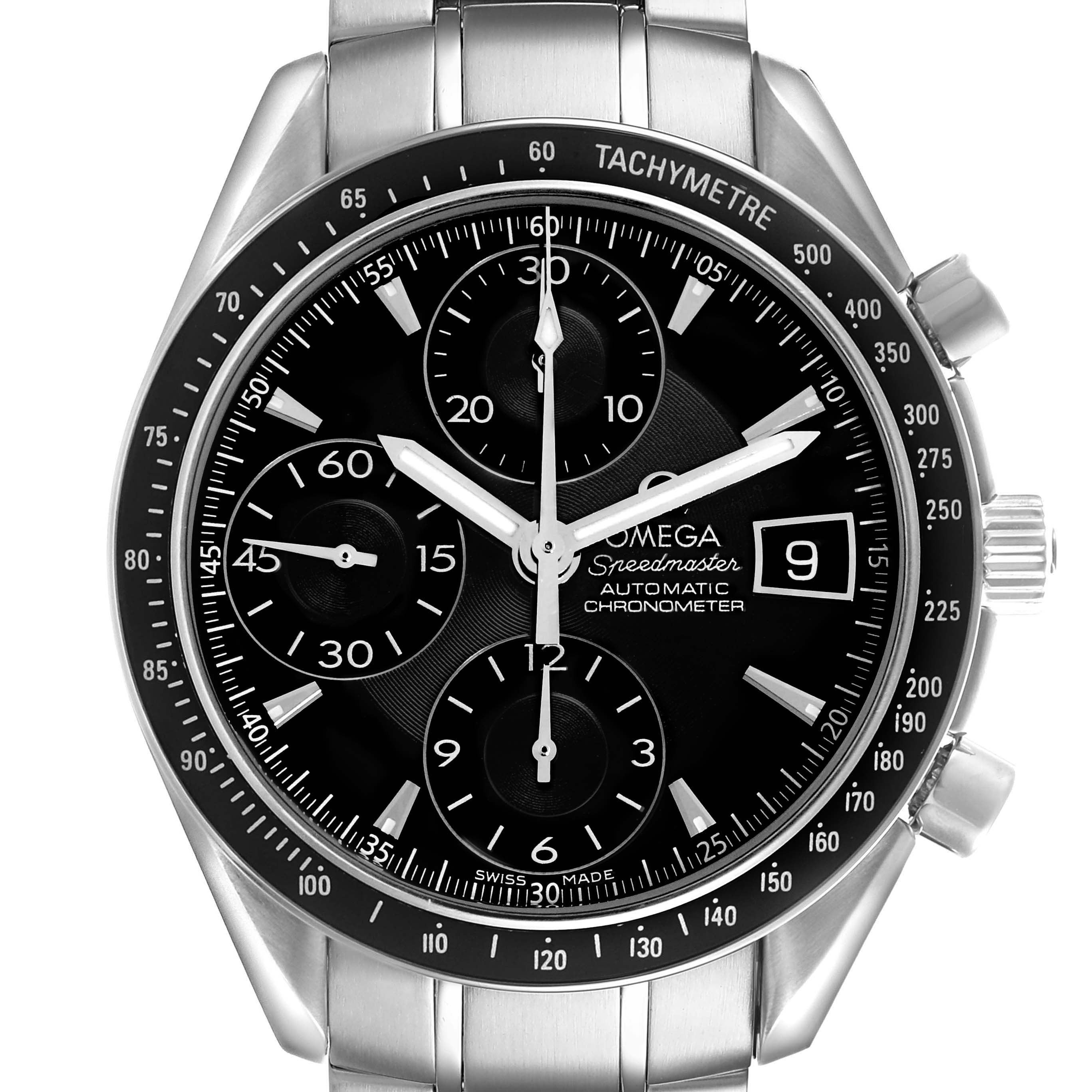 The Omega Speedmaster 3210.50.00 Men's Stainless Steel Black Dial watch is shown from the front, highlighting the tachymeter bezel, chronograph subdials, and date window.