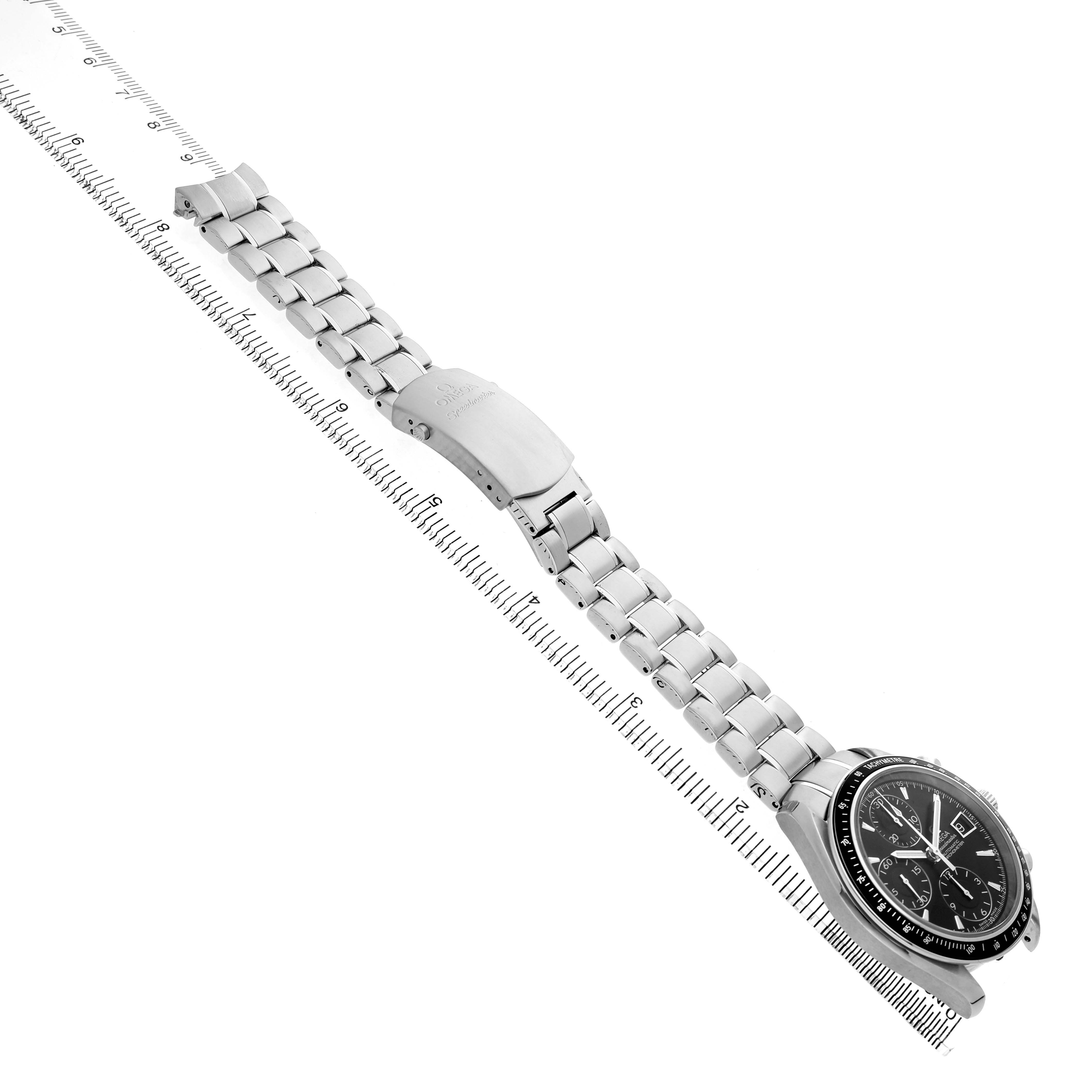 The Omega Speedmaster 3210.50.00 Men's Stainless Steel Black Dial watch is shown diagonally from the front, displaying the face and metal bracelet with a clasp.