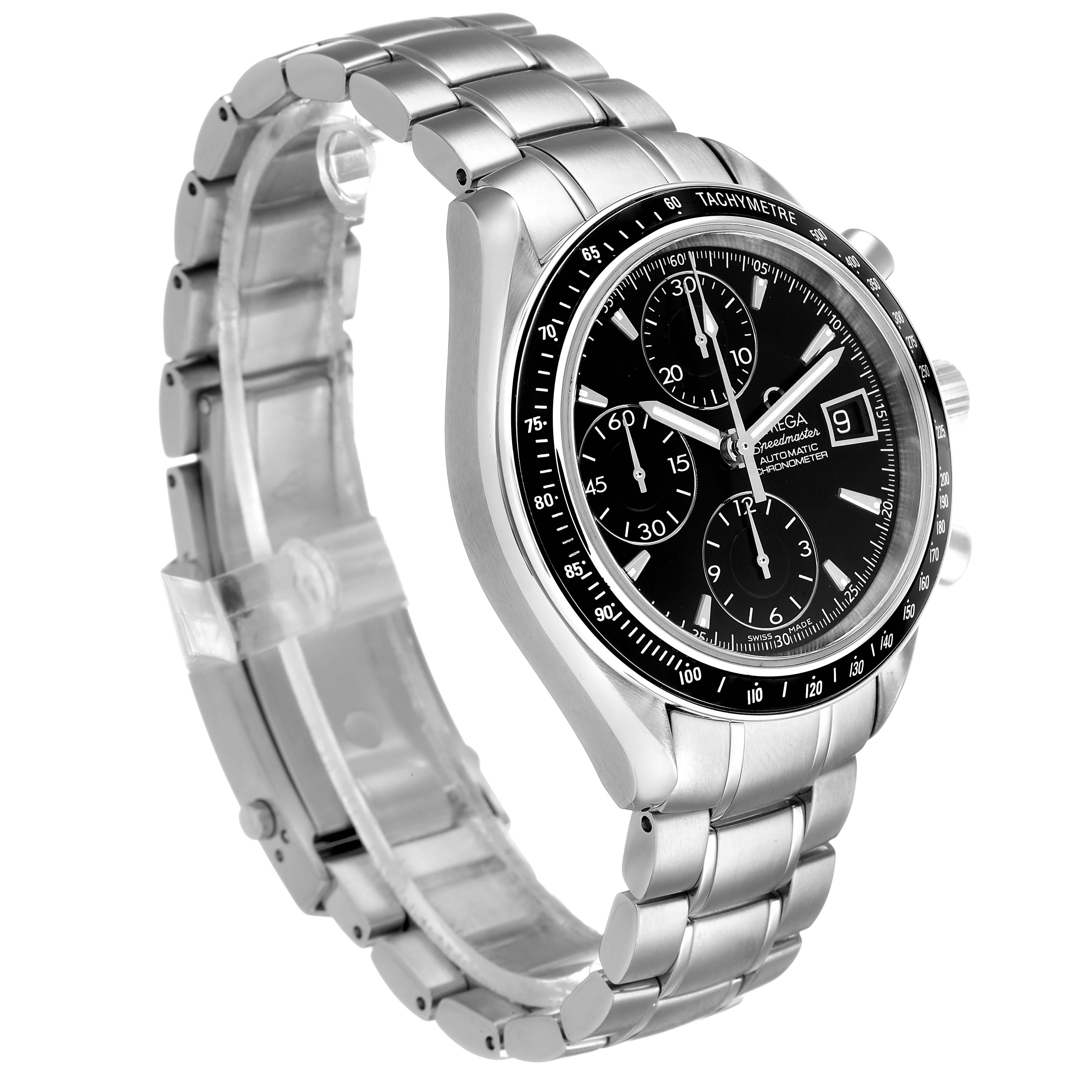 The Omega Speedmaster 3210.50.00 Men's Stainless Steel Black Dial watch is shown from a three-quarter angle, highlighting the face, bezel, and metal bracelet.