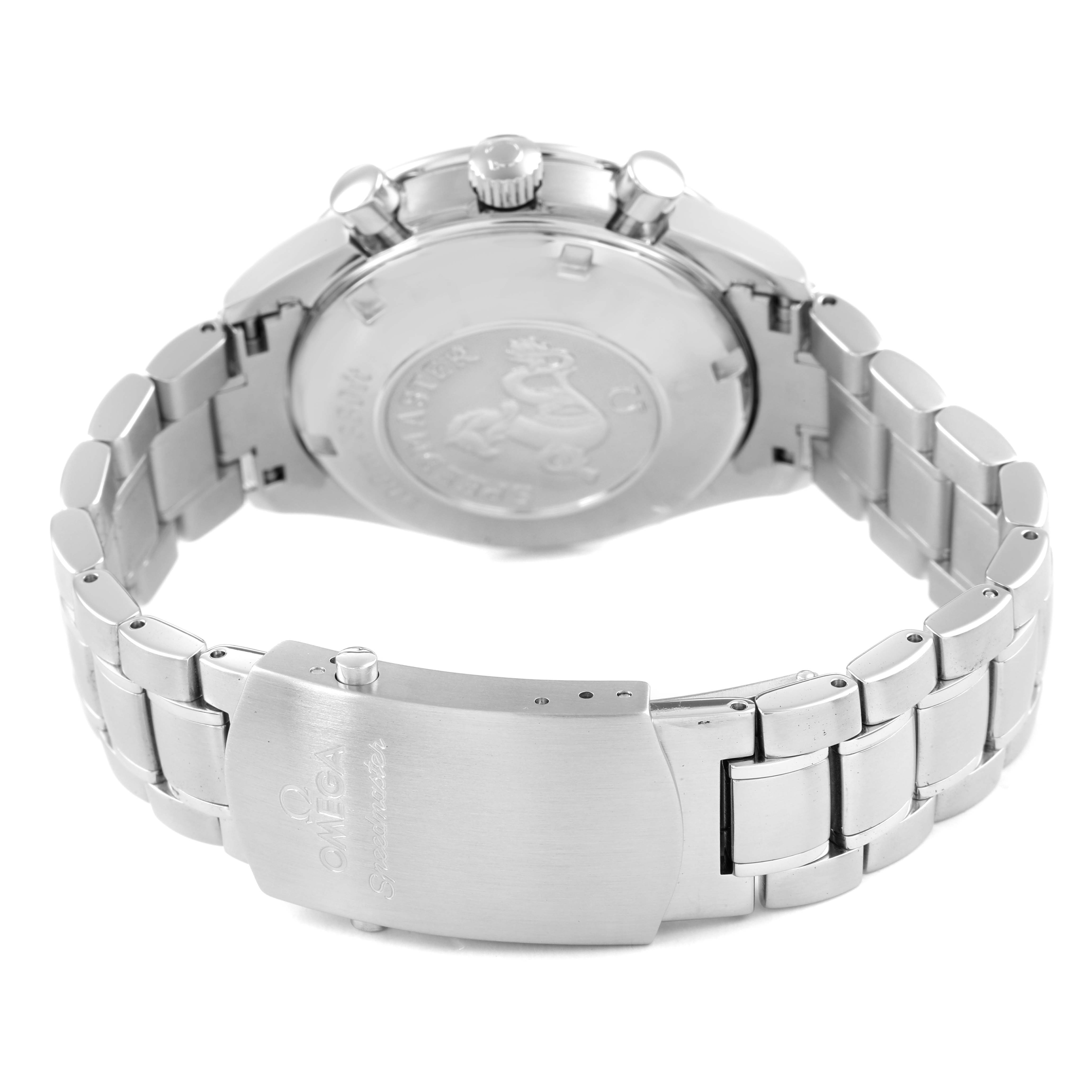 The image shows the back view of an Omega Speedmaster 3210.50.00 Men's Stainless Steel Black Dial, highlighting the case back, bracelet, and clasp.