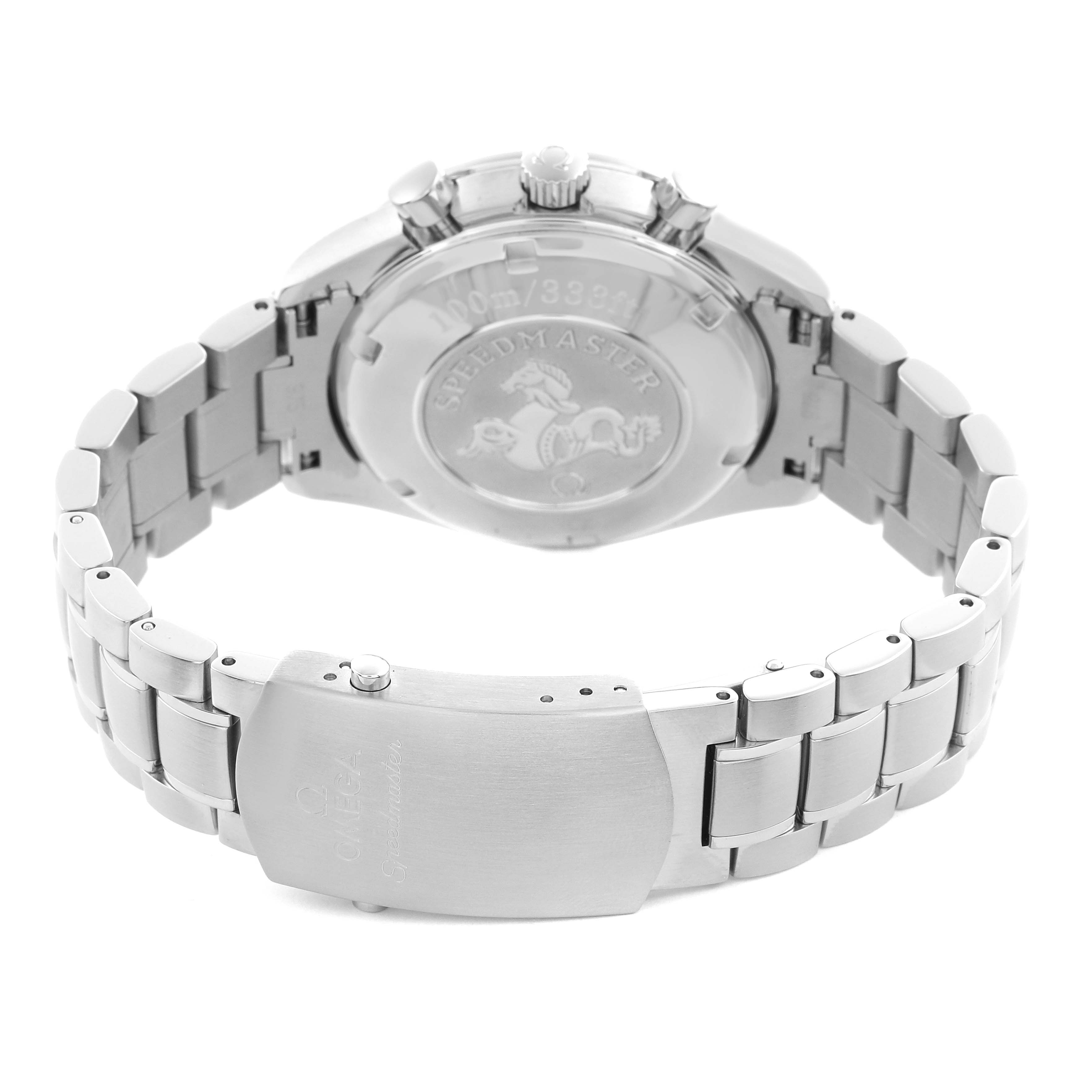The image shows the back view of an Omega Speedmaster 3210.50.00 Men
s Stainless Steel Black Dial 3210.50.00 Men
s Stainless Steel Black Dial watch, highlighting the case back and stainless steel bracelet.