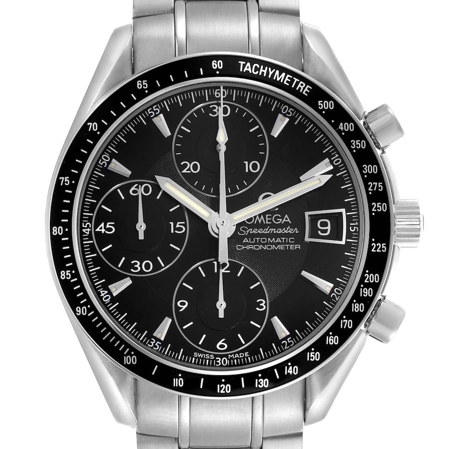 The Omega Speedmaster watch is shown from a front angle, displaying the face, chronograph subdials, tachymetre bezel, and metal bracelet.
