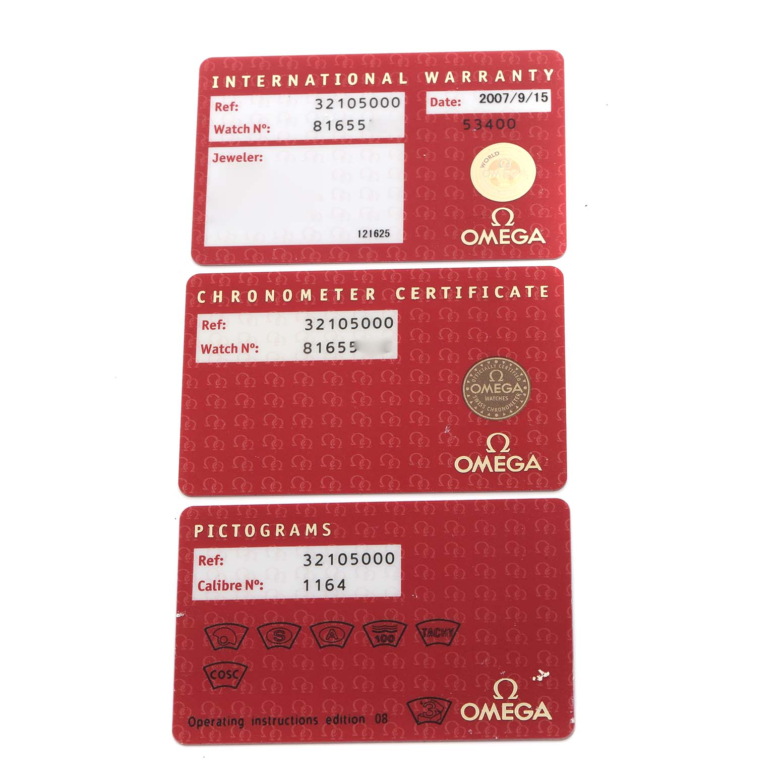 The image shows the Omega Speedmaster 3210.50.00 Men
s Stainless Steel Black Dial 3210.50.00 Men
s Stainless Steel Black Dial
s international warranty, chronometer certificate, and pictograms cards.