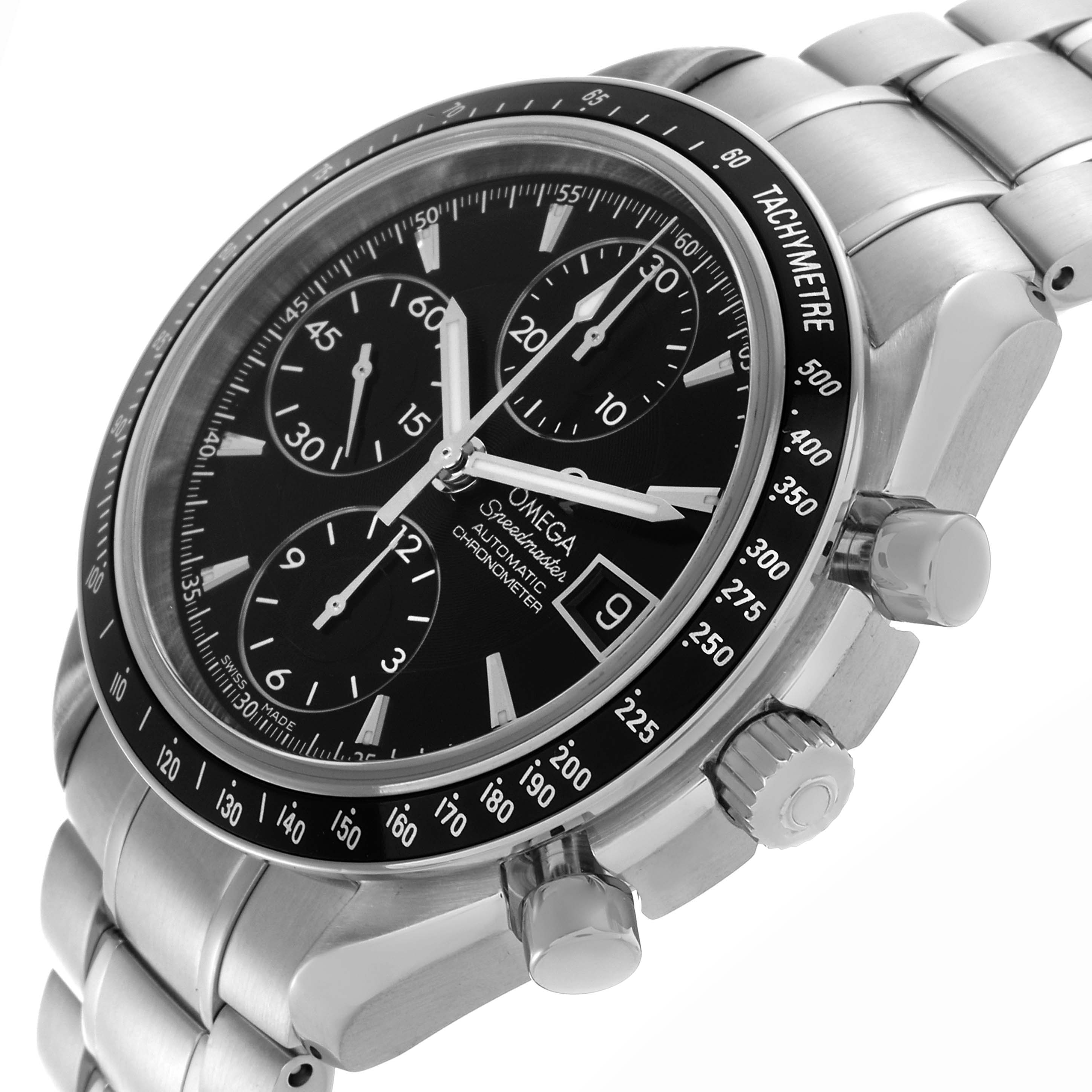 The Omega Speedmaster 3210.50.00 Men
s Stainless Steel Black Dial 3210.50.00 Men
s Stainless Steel Black Dial watch is shown at a three-quarter angle, highlighting the face, tachymeter bezel, and bracelet.