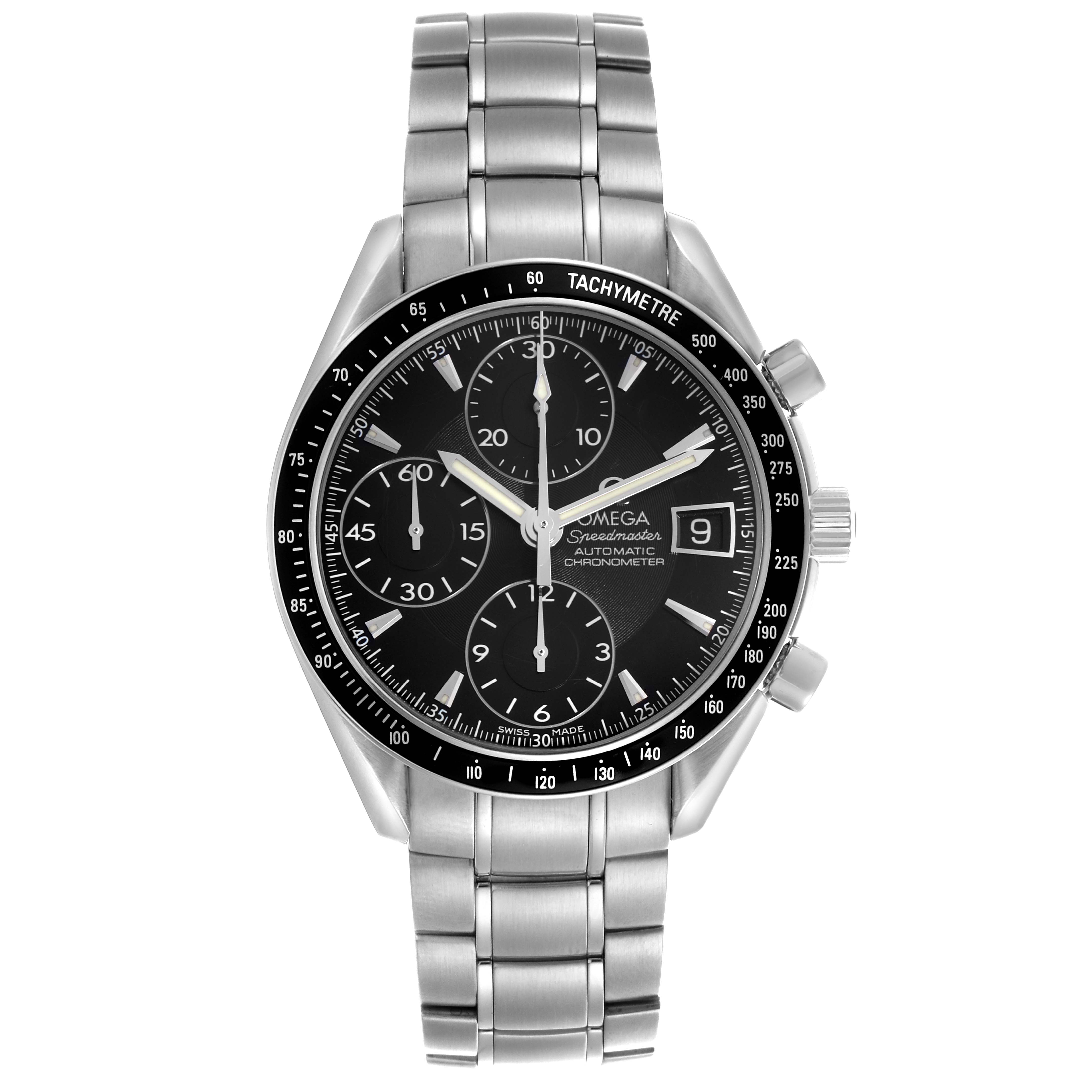 The Omega Speedmaster 3210.50.00 Men
s Stainless Steel Black Dial 3210.50.00 Men
s Stainless Steel Black Dial watch is shown from the front, displaying the face, bracelet, bezel, and chronograph features.