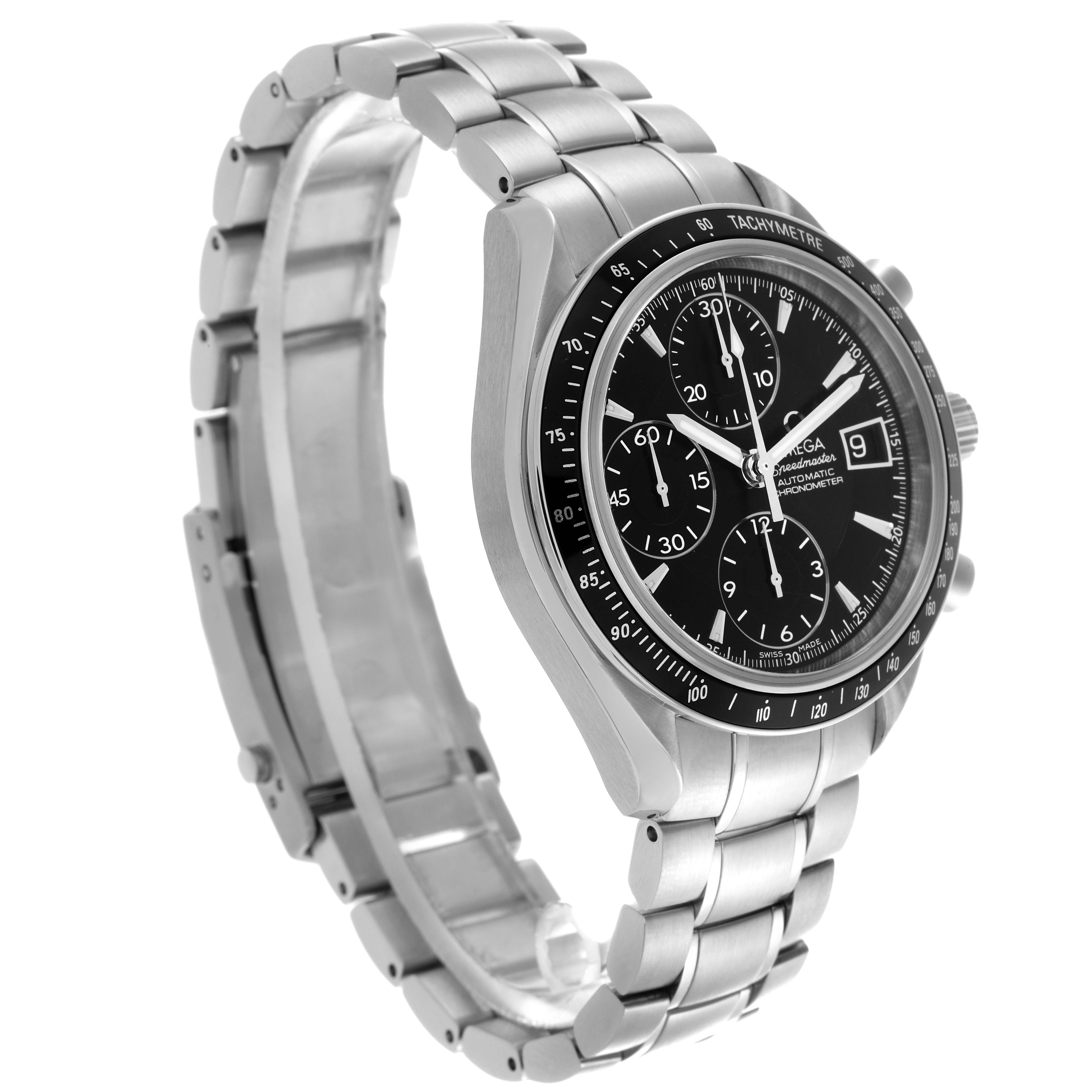 The Omega Speedmaster 3210.50.00 Men
s Stainless Steel Black Dial 3210.50.00 Men
s Stainless Steel Black Dial watch is shown at a three-quarter angle, highlighting its face, bezel, and stainless steel bracelet.