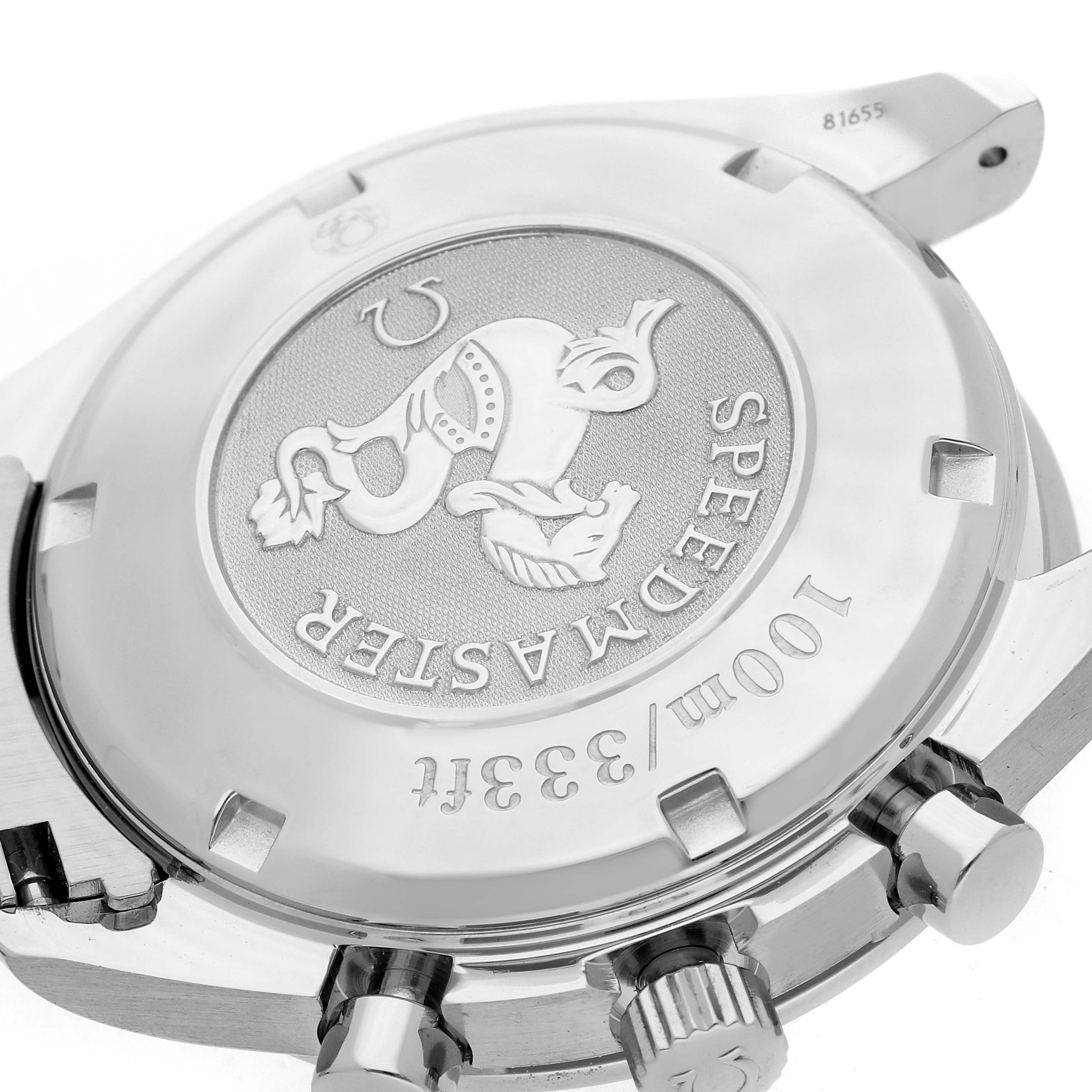 The image shows the case back and side view of an Omega Speedmaster 3210.50.00 Men
s Stainless Steel Black Dial 3210.50.00 Men
s Stainless Steel Black Dial, highlighting the engraved emblem and pushers.