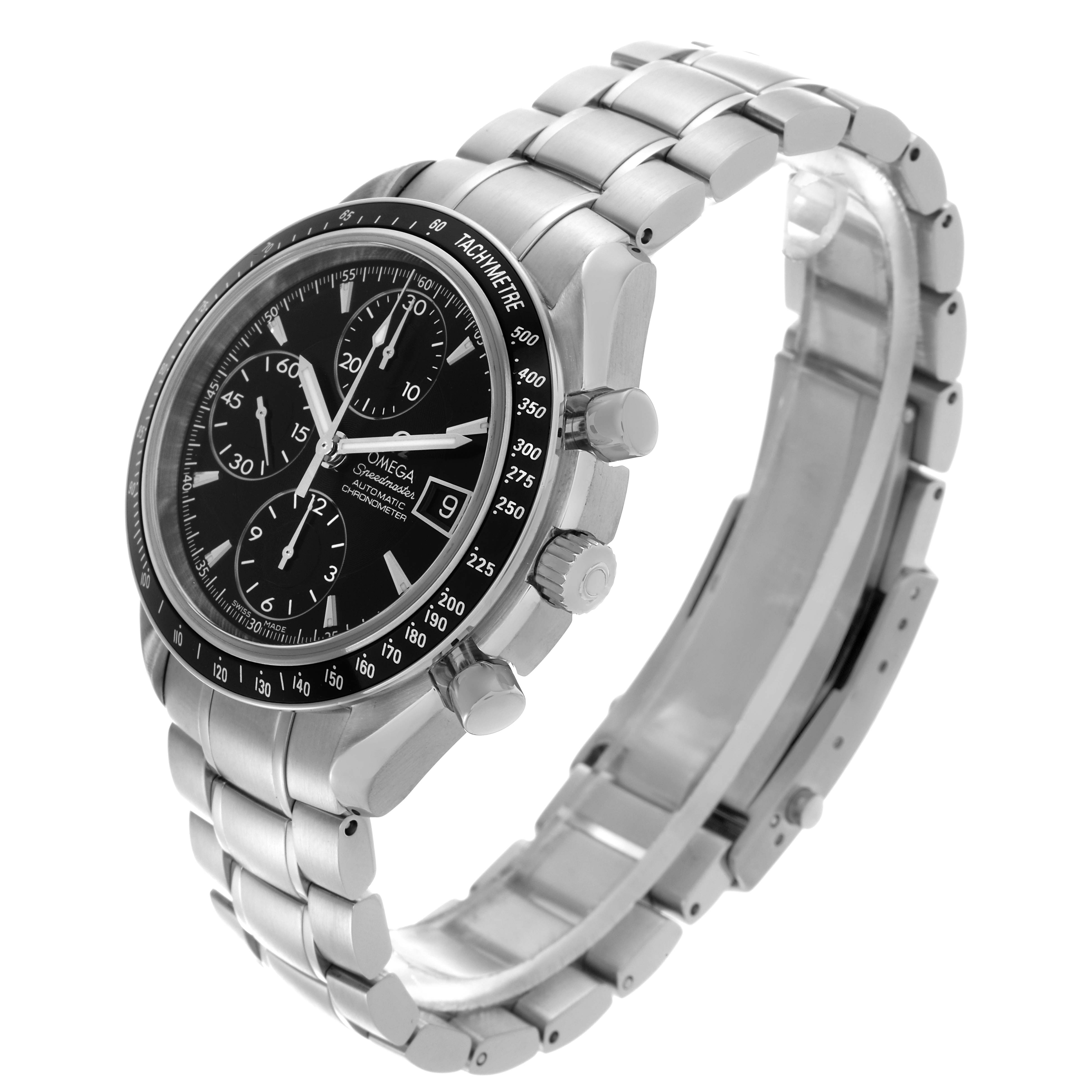 The Omega Speedmaster 3210.50.00 Men
s Stainless Steel Black Dial 3210.50.00 Men
s Stainless Steel Black Dial watch is shown at an angled side view, highlighting the dial, bezel, and stainless steel bracelet.