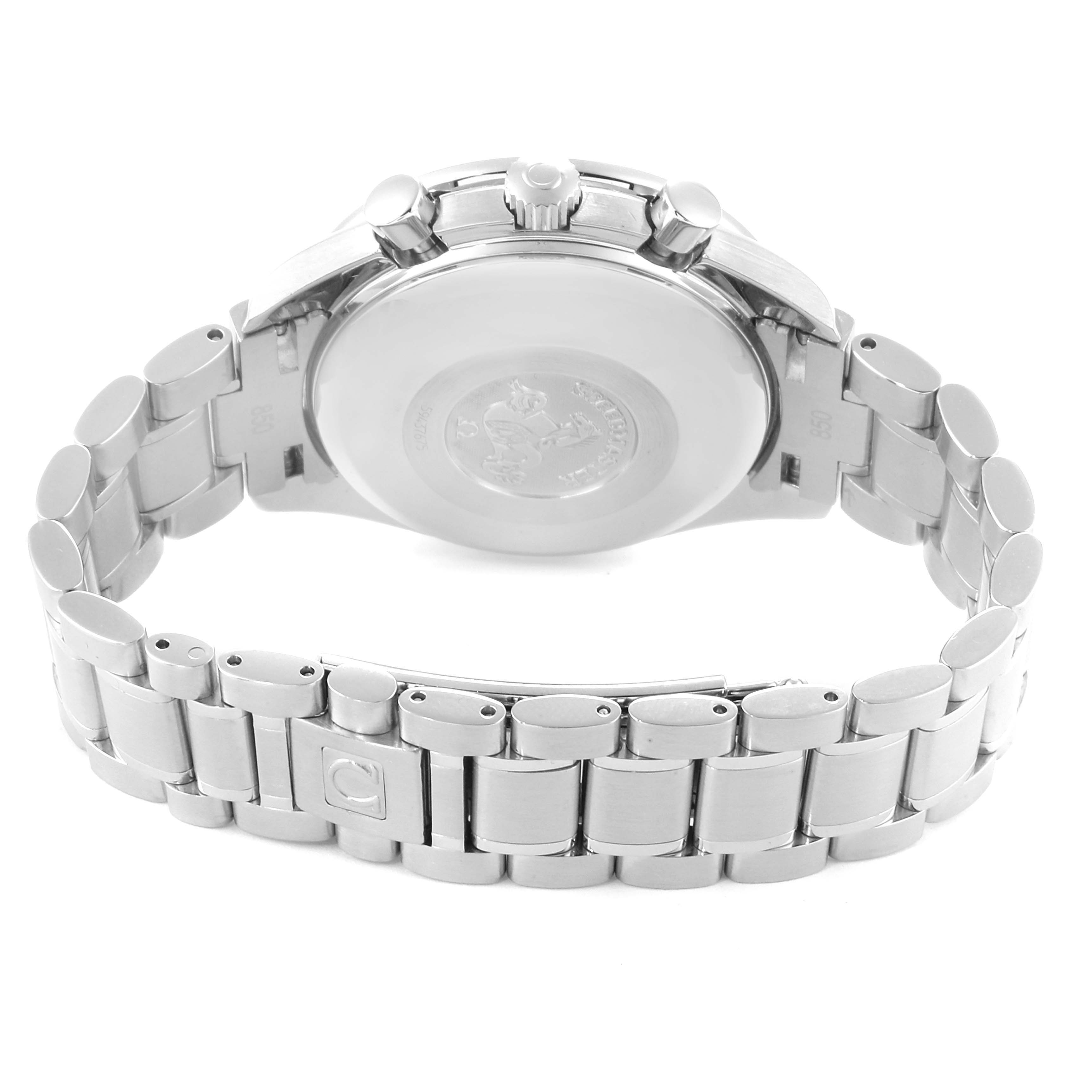 The image shows the rear view of the Omega Speedmaster 3513.50.00 Men
s Stainless Steel Black Dial 3513.50.00 Men
s Stainless Steel Black Dial, highlighting the case back, bracelet, and clasp.