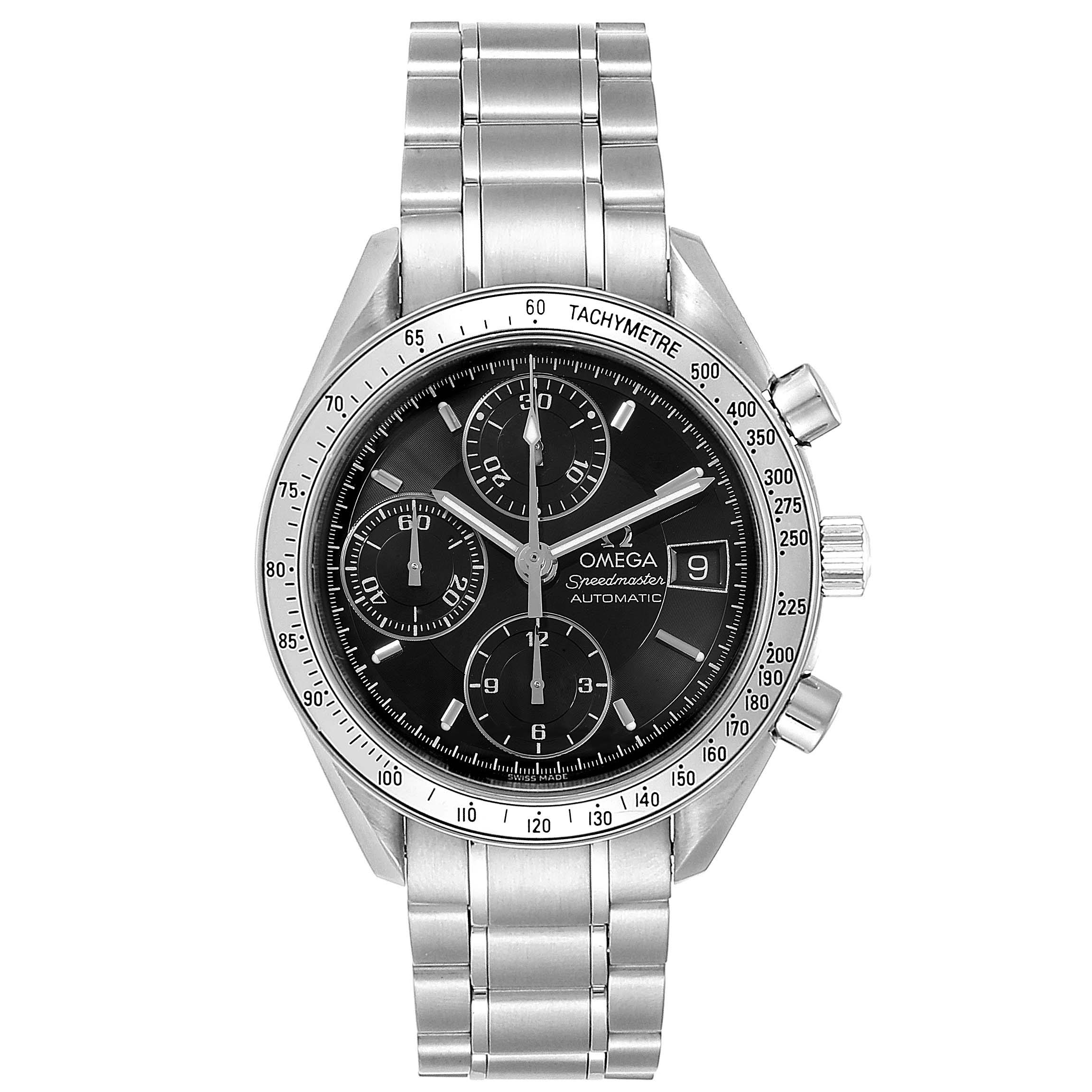 The Omega Speedmaster 3513.50.00 Men
s Stainless Steel Black Dial 3513.50.00 Men
s Stainless Steel Black Dial watch is shown from a front angle, displaying the face, bezel, and bracelet.
