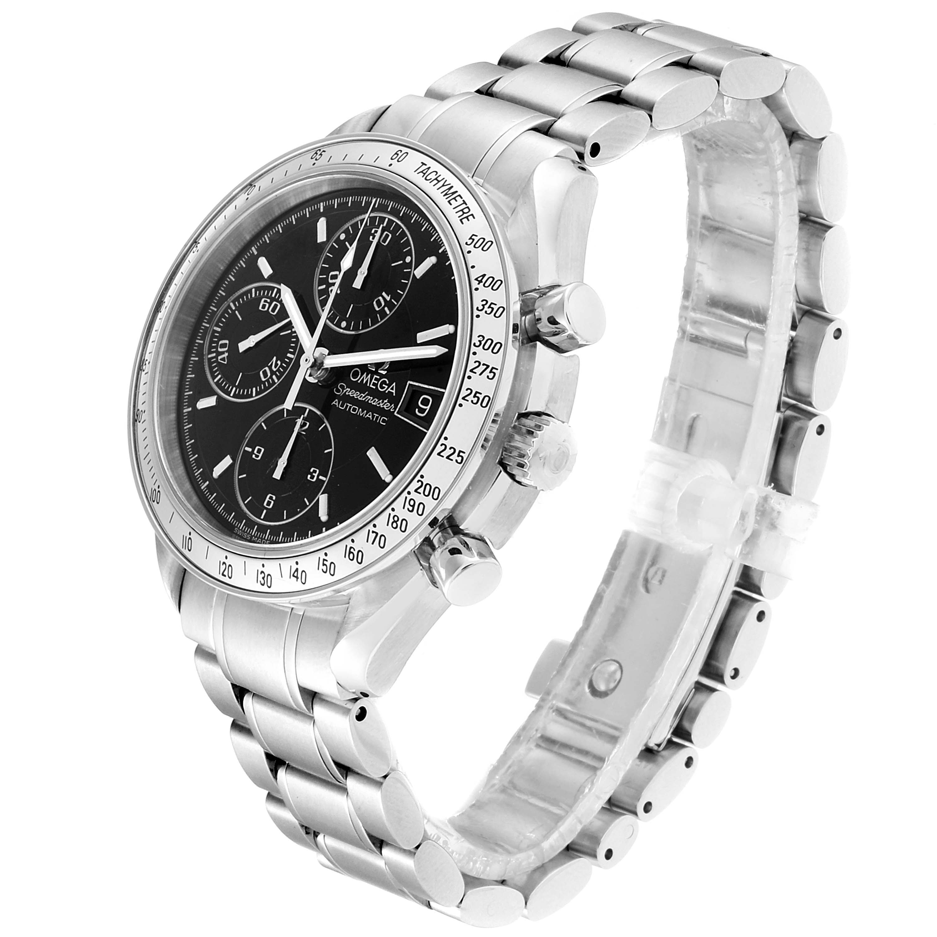 The Omega Speedmaster 3513.50.00 Men
s Stainless Steel Black Dial 3513.50.00 Men
s Stainless Steel Black Dial watch is angled from the front-left, showing the dial, bezel, crown, pushers, and bracelet.