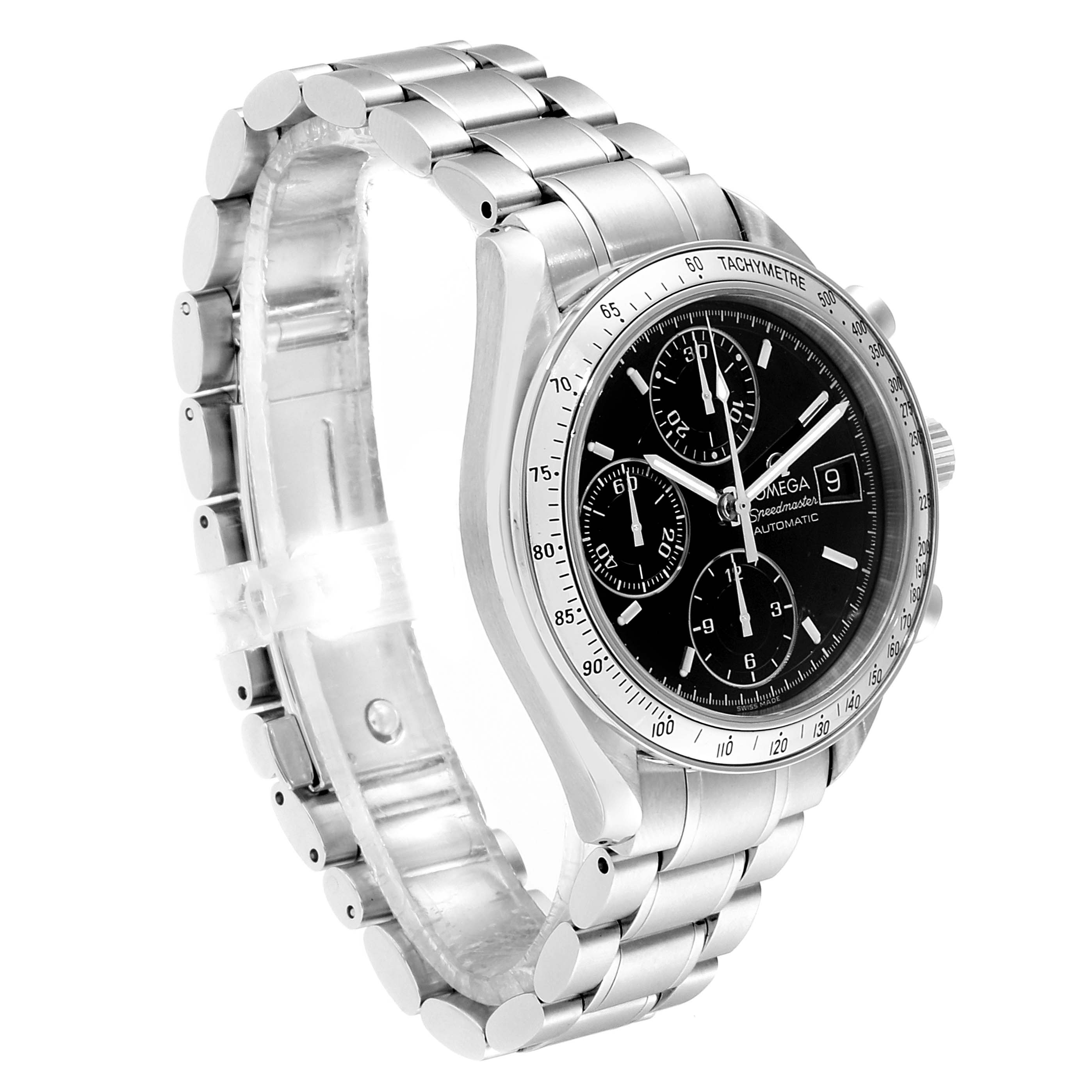 The image shows an Omega Speedmaster 3513.50.00 Men
s Stainless Steel Black Dial 3513.50.00 Men
s Stainless Steel Black Dial watch from an oblique angle, highlighting the watch face, bezel, and metal bracelet.