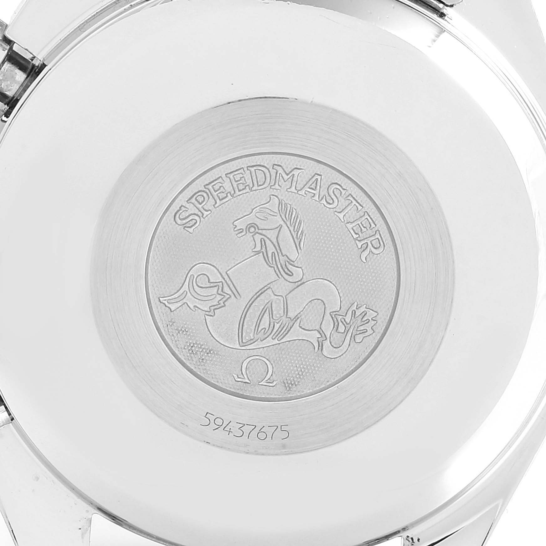 This is the back case of an Omega Speedmaster 3513.50.00 Men
s Stainless Steel Black Dial 3513.50.00 Men
s Stainless Steel Black Dial watch, showcasing the engraved logo and serial number.