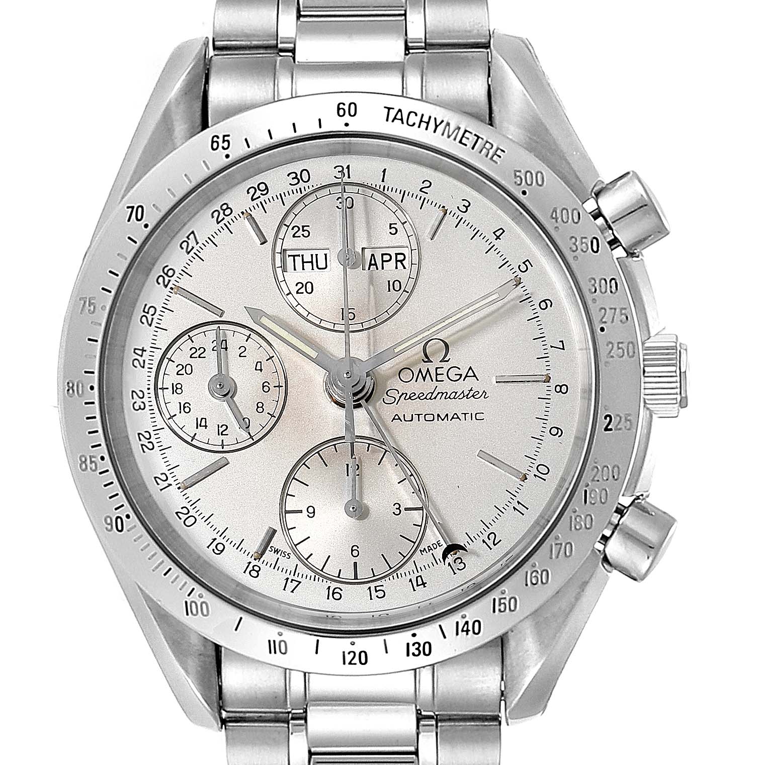 This image shows a frontal view of an Omega Speedmaster 3521.30.00 Men's Stainless Steel Silver Dial 3521.30.00 Men's Stainless Steel Silver Dial watch, displaying the dial, subdials, hands, and tachymeter bezel.