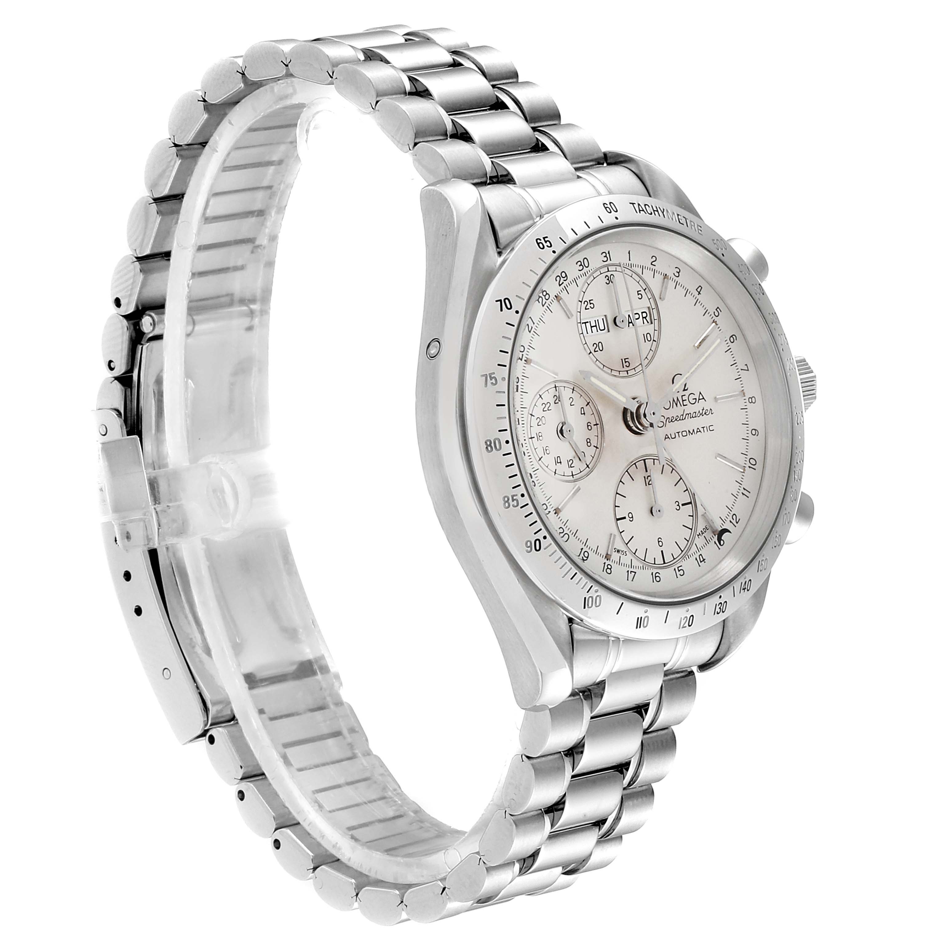 The image shows an Omega Speedmaster 3521.30.00 Men's Stainless Steel Silver Dial 3521.30.00 Men's Stainless Steel Silver Dial watch angled from the left, highlighting the face, dial, and stainless steel bracelet.