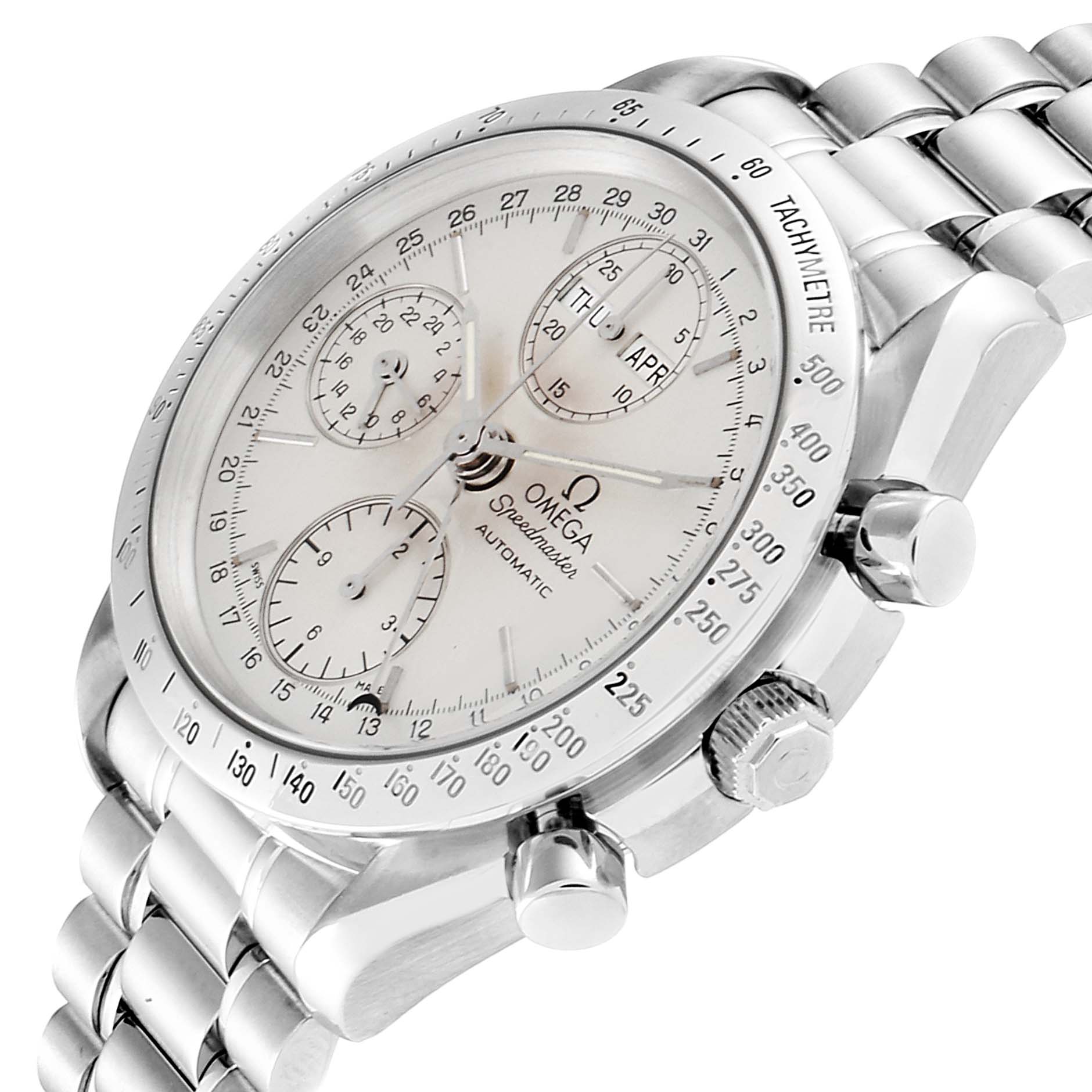 The image shows a close-up angle of the Omega Speedmaster 3521.30.00 Men's Stainless Steel Silver Dial 3521.30.00 Men's Stainless Steel Silver Dial watch, highlighting its dial, bezel, and bracelet.