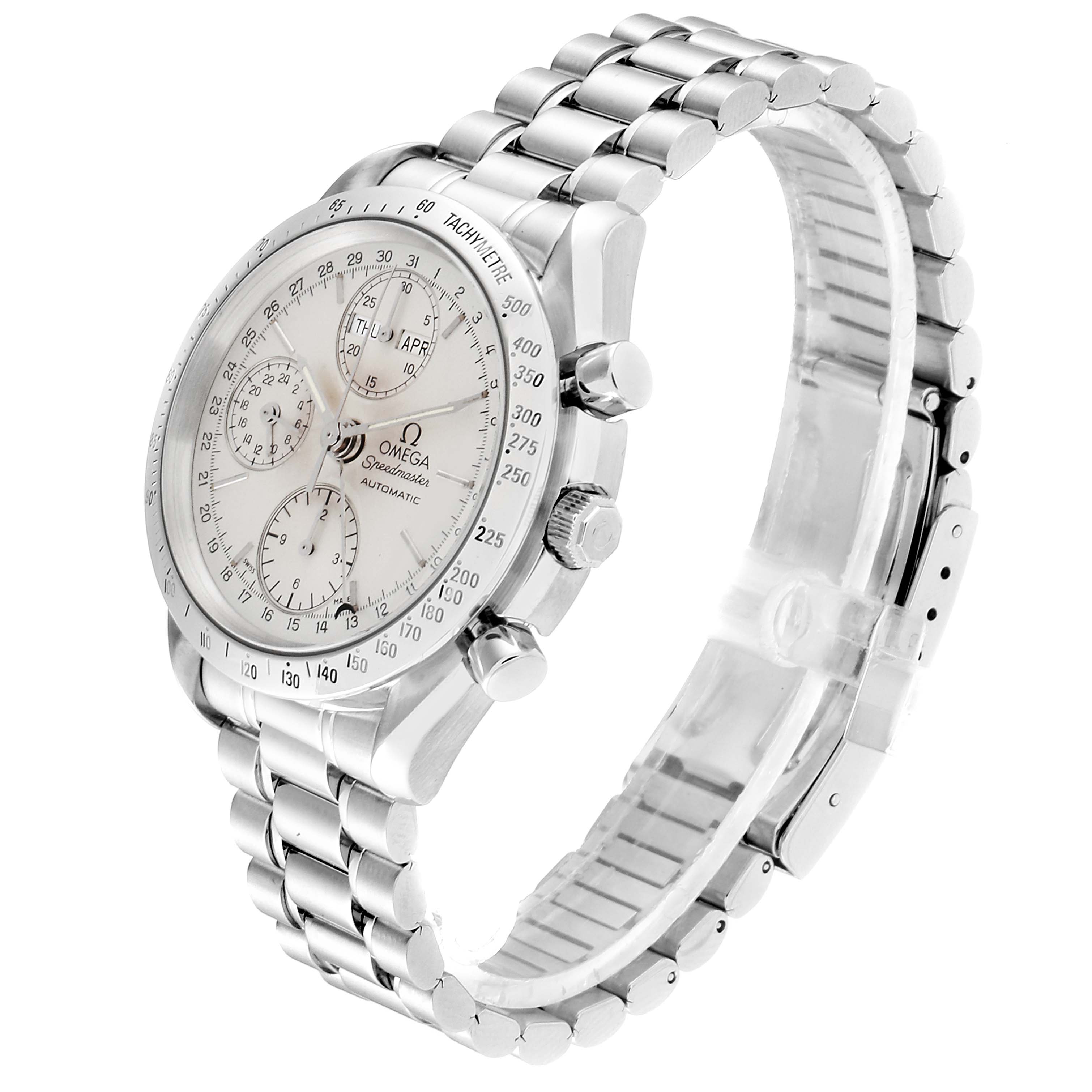 The image shows the Omega Speedmaster 3521.30.00 Men's Stainless Steel Silver Dial 3521.30.00 Men's Stainless Steel Silver Dial watch at an angled side view, highlighting its dial, pushers, and metal bracelet.
