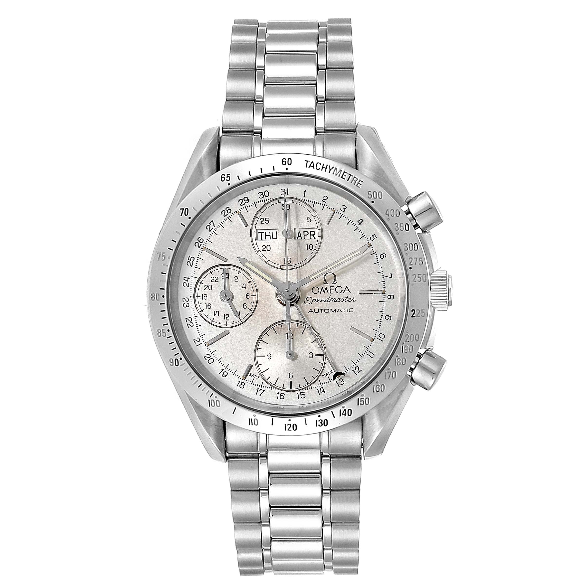 This image shows a front view of the Omega Speedmaster 3521.30.00 Men's Stainless Steel Silver Dial 3521.30.00 Men's Stainless Steel Silver Dial watch, highlighting its dial, chronograph sub-dials, and stainless steel bracelet.