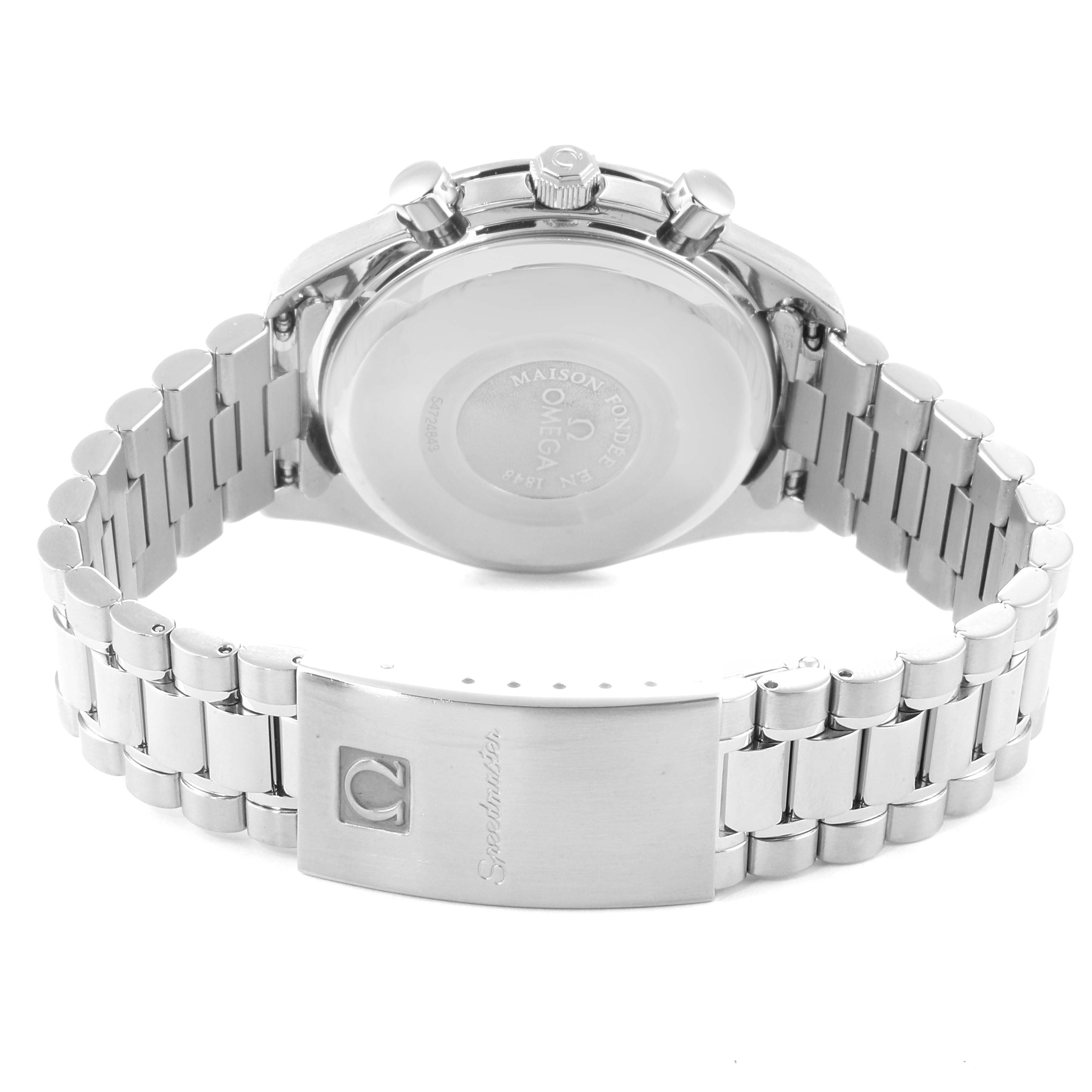 The image shows the back view of an Omega Speedmaster 3521.30.00 Men's Stainless Steel Silver Dial 3521.30.00 Men's Stainless Steel Silver Dial watch, highlighting the case back and metal bracelet with clasp.