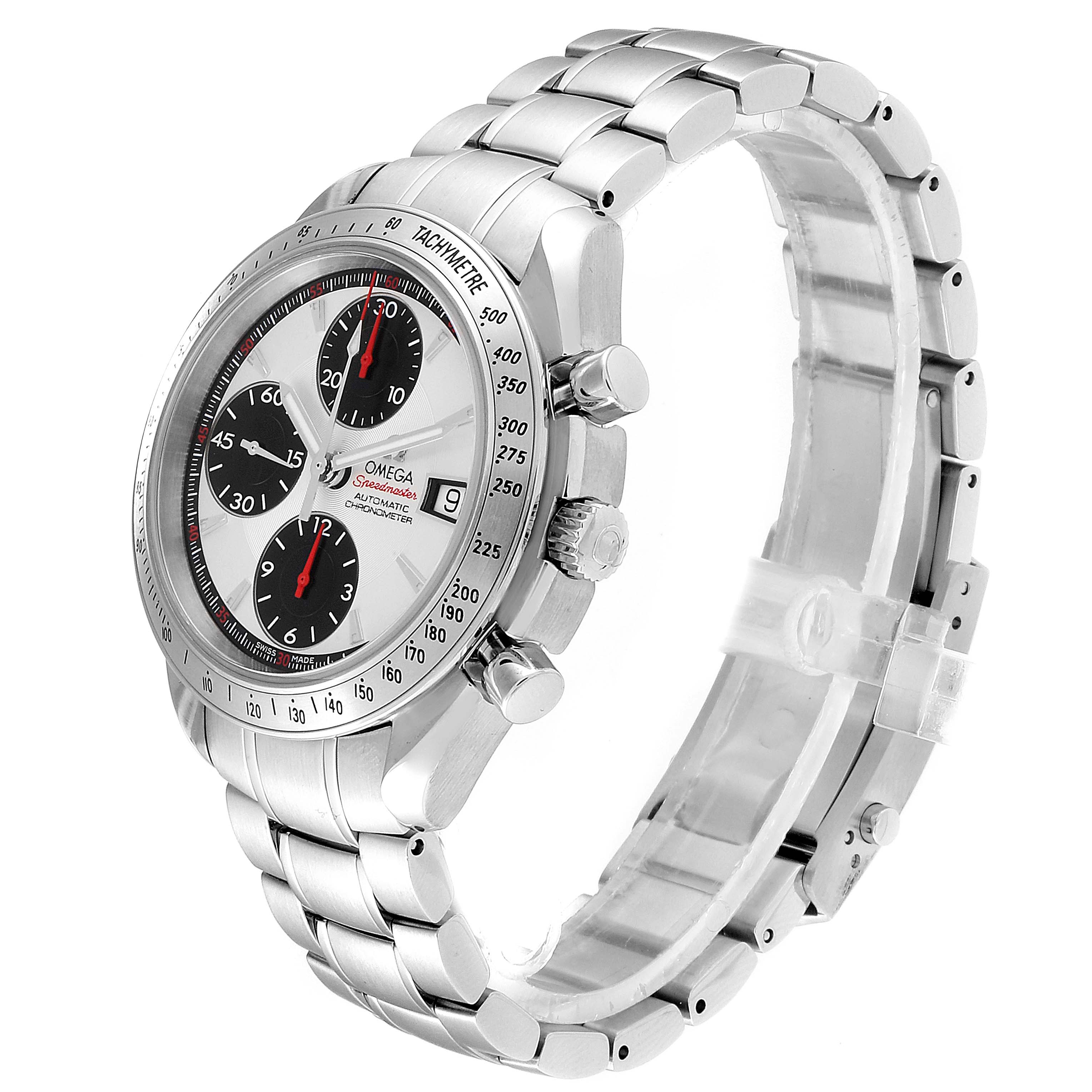 This image shows an Omega Speedmaster 3211.31.00 Men
s Stainless Steel Silver Dial 3211.31.00 Men
s Stainless Steel Silver Dial watch at an oblique angle, highlighting its face, bezel, and bracelet.