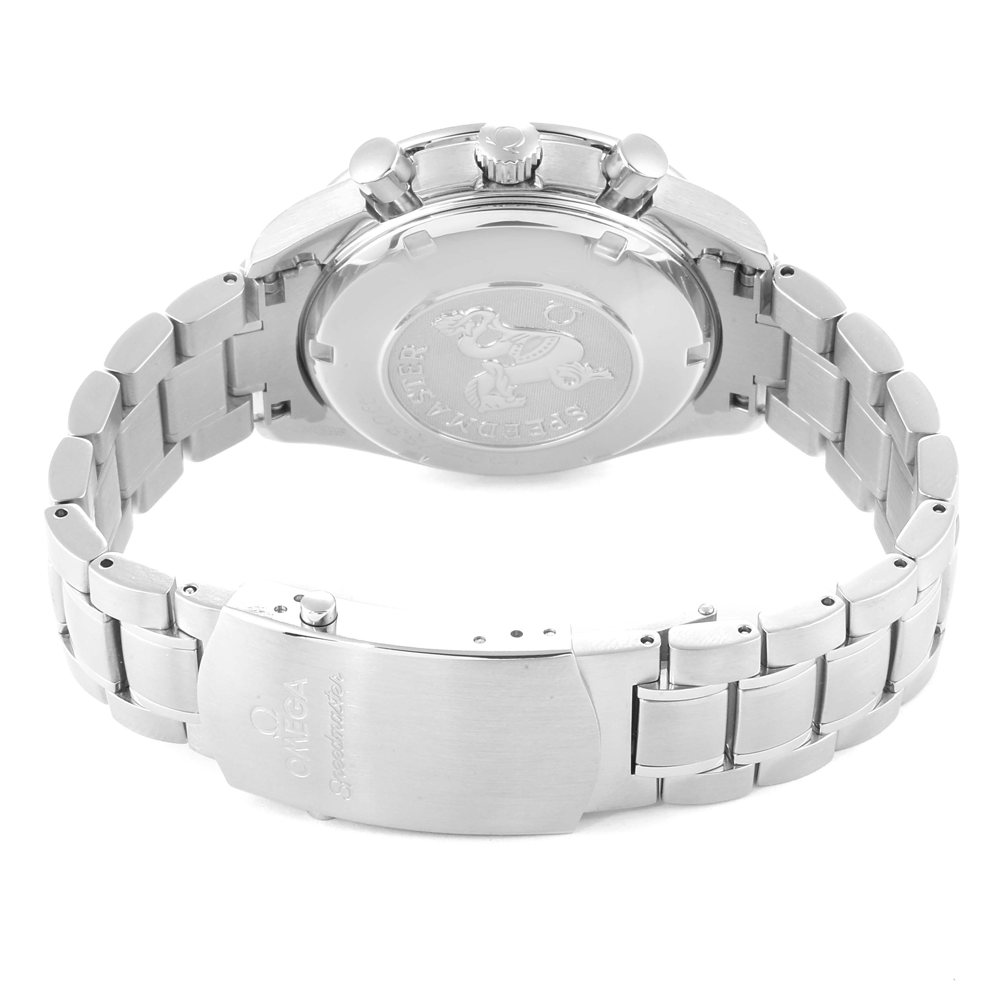 This image shows the back case and bracelet clasp of an Omega Speedmaster 3211.31.00 Men
s Stainless Steel Silver Dial 3211.31.00 Men
s Stainless Steel Silver Dial watch from a rear angle.
