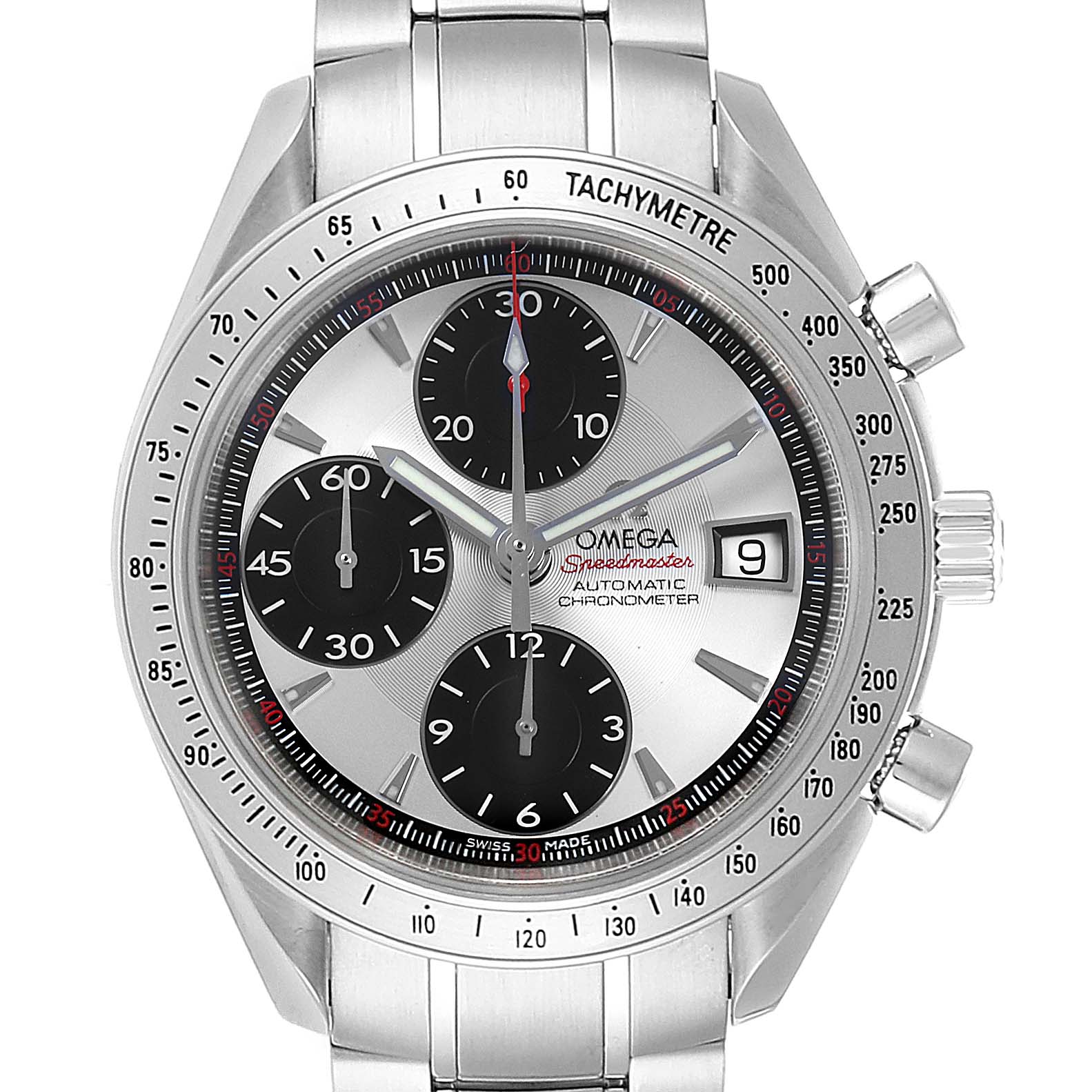 This image shows a frontal view of an Omega Speedmaster 3211.31.00 Men
s Stainless Steel Silver Dial 3211.31.00 Men
s Stainless Steel Silver Dial watch, highlighting its dial, subdials, date window, and tachymeter bezel.