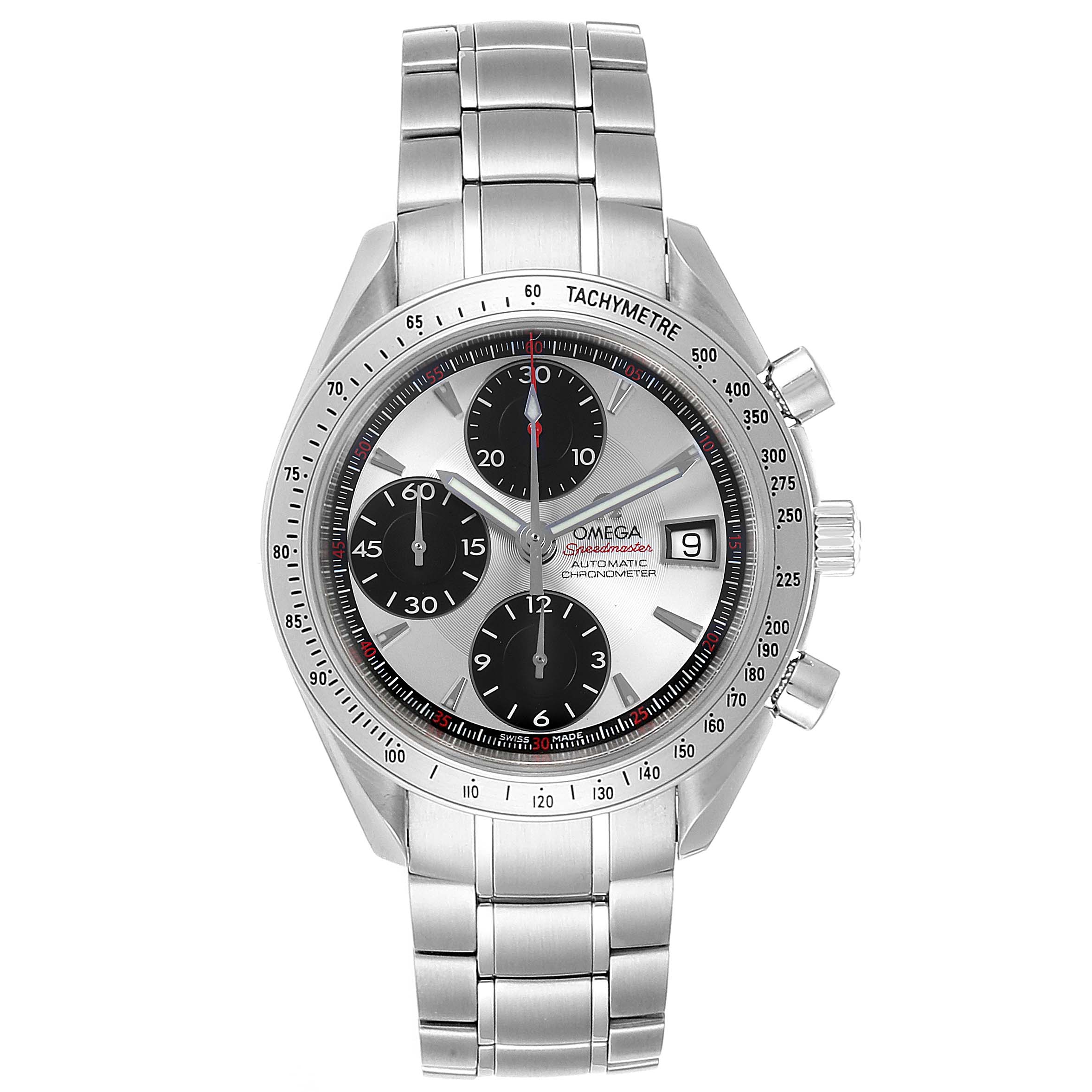 The image shows a front view of the Omega Speedmaster 3211.31.00 Men
s Stainless Steel Silver Dial 3211.31.00 Men
s Stainless Steel Silver Dial watch, displaying the dial, chronograph subdials, and tachymeter bezel.
