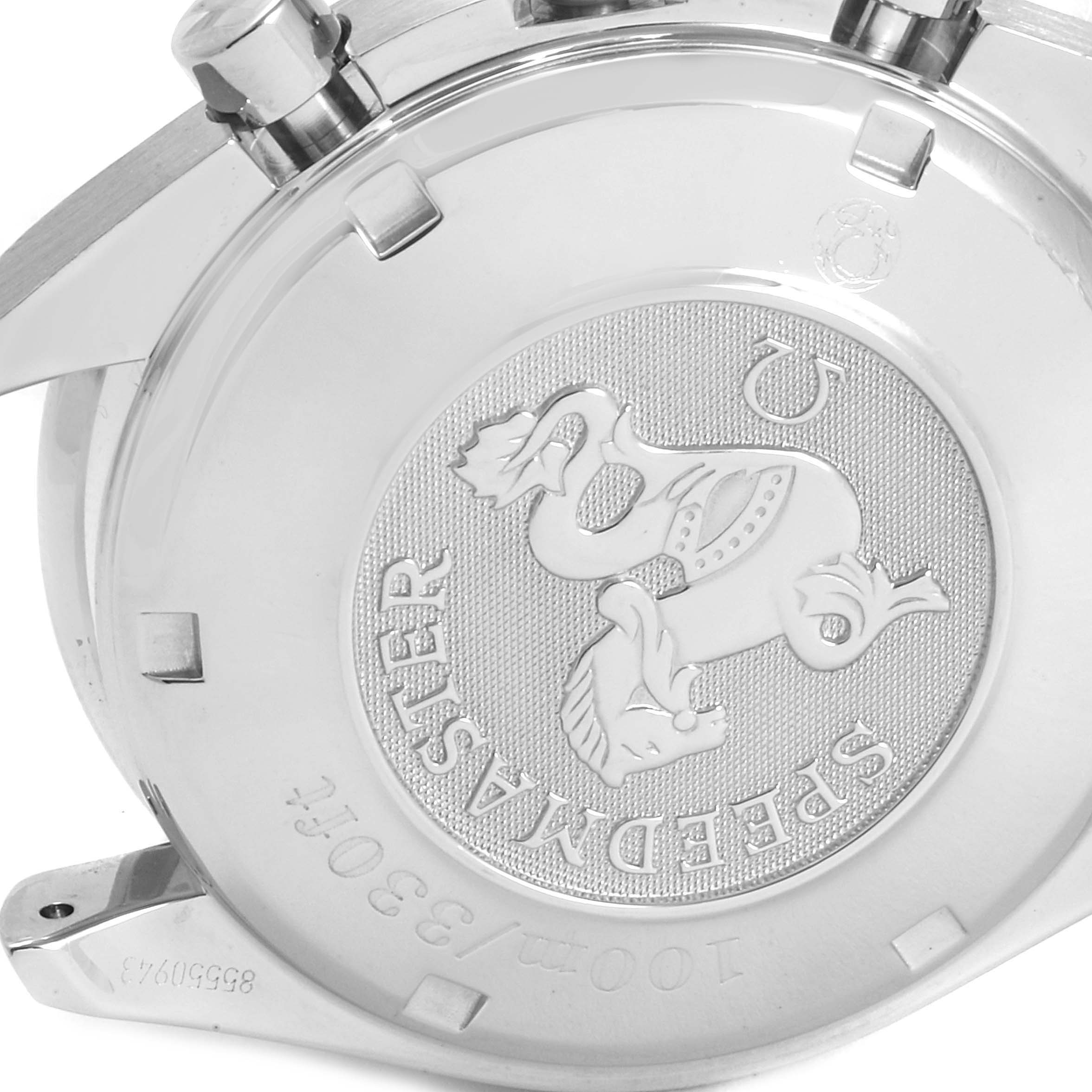 The image shows the case back of an Omega Speedmaster 3211.31.00 Men
s Stainless Steel Silver Dial 3211.31.00 Men
s Stainless Steel Silver Dial watch, displaying its engraved design and text details.