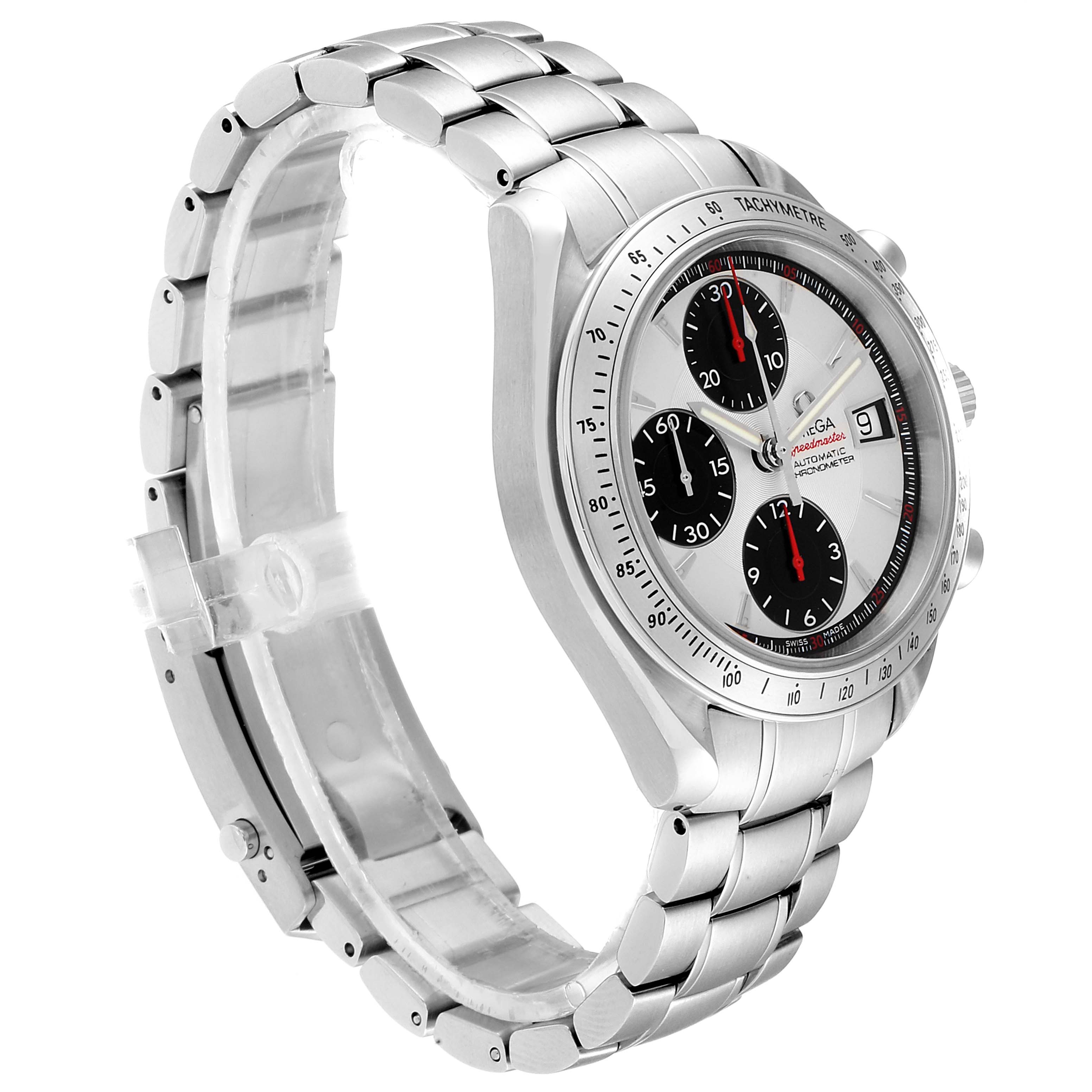 The Omega Speedmaster 3211.31.00 Men
s Stainless Steel Silver Dial 3211.31.00 Men
s Stainless Steel Silver Dial watch is shown at a three-quarters angle, highlighting the dial, case, and stainless steel bracelet.