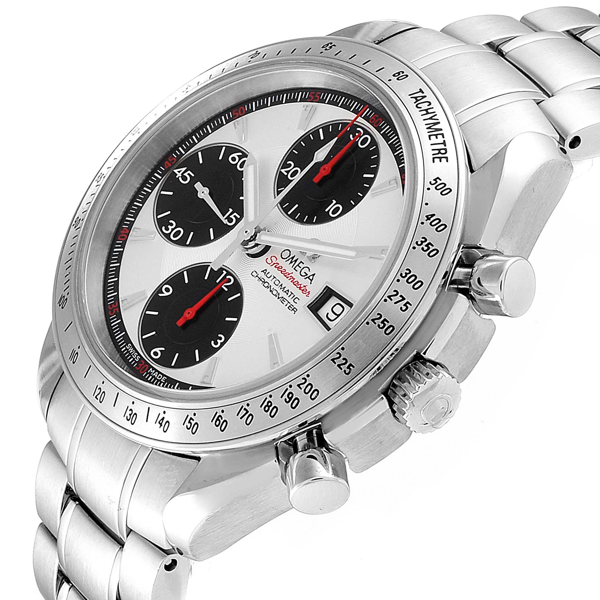 The Omega Speedmaster 3211.31.00 Men
s Stainless Steel Silver Dial 3211.31.00 Men
s Stainless Steel Silver Dial watch is shown from a 3/4 angle highlighting the face, chronograph subdials, pushers, and bracelet.