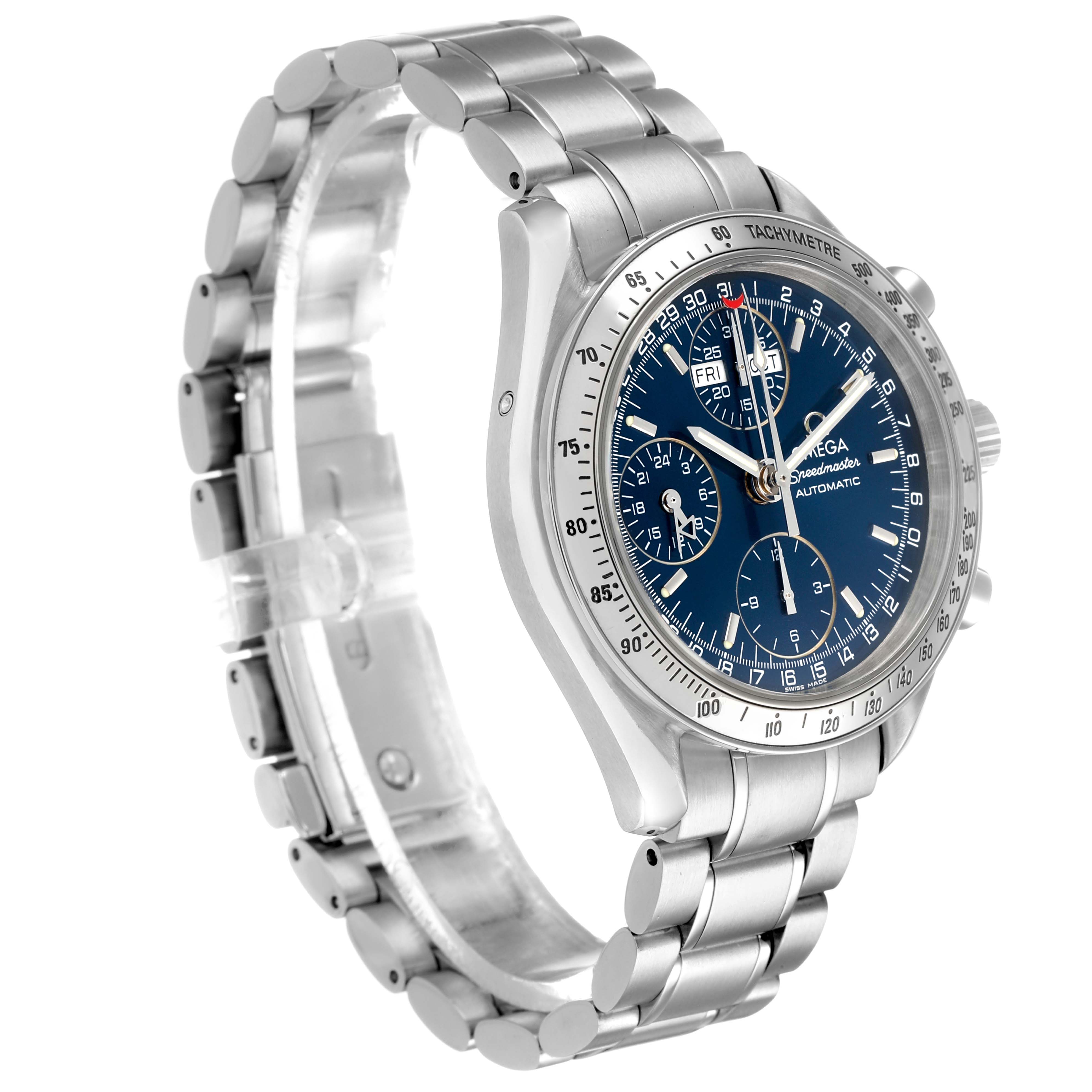 The Omega Speedmaster 3523.80.00 Men's Stainless Steel Blue Dial is shown at a three-quarter angle, highlighting the bezel, dial, and stainless steel bracelet.