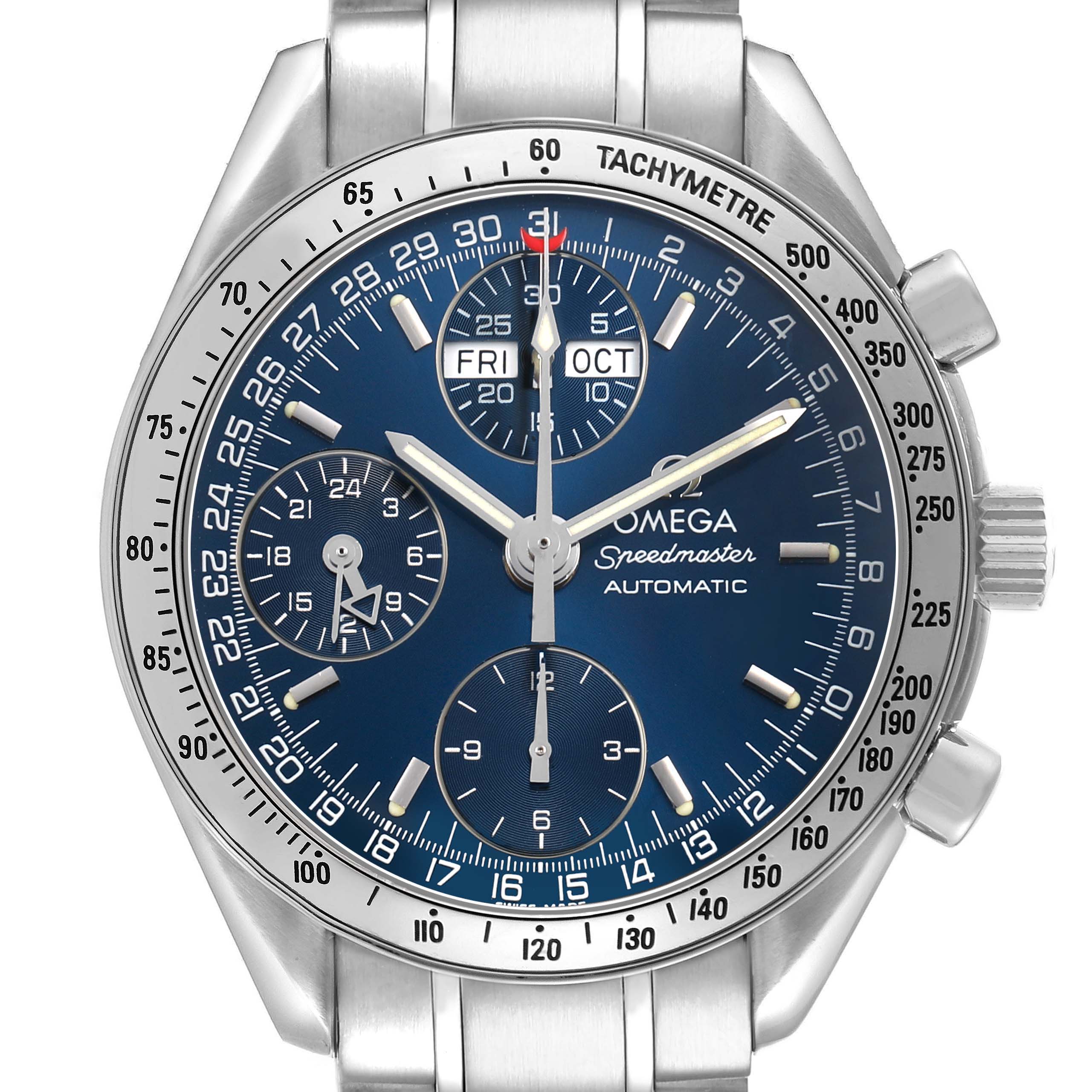 The image shows a front view of the Omega Speedmaster 3523.80.00 Men's Stainless Steel Blue Dial watch, highlighting its blue dial, subdials, and tachymetric bezel.