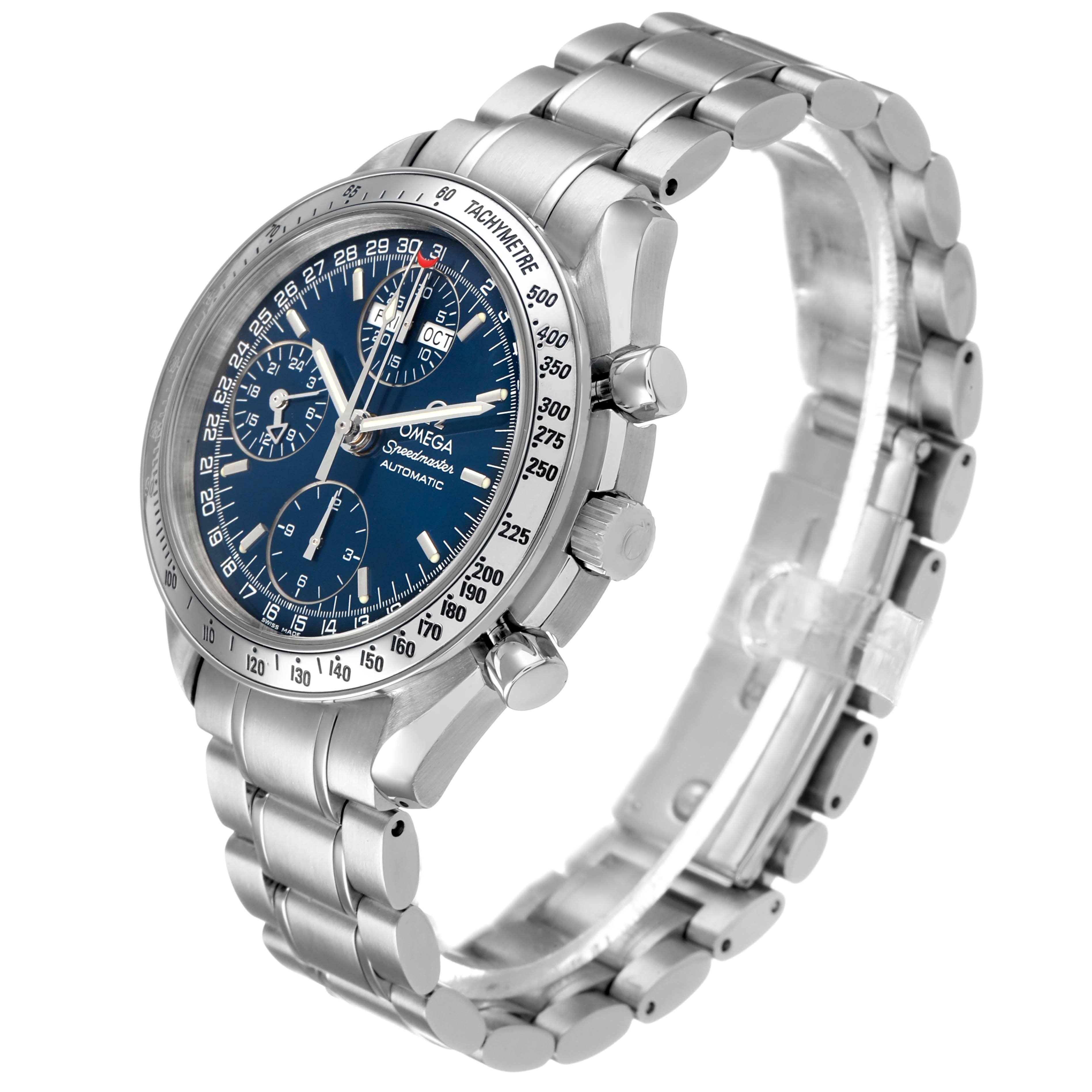 The Omega Speedmaster 3523.80.00 Men's Stainless Steel Blue Dial watch is shown at a three-quarter angle, highlighting its face, bezel, crown, pushers, and bracelet.