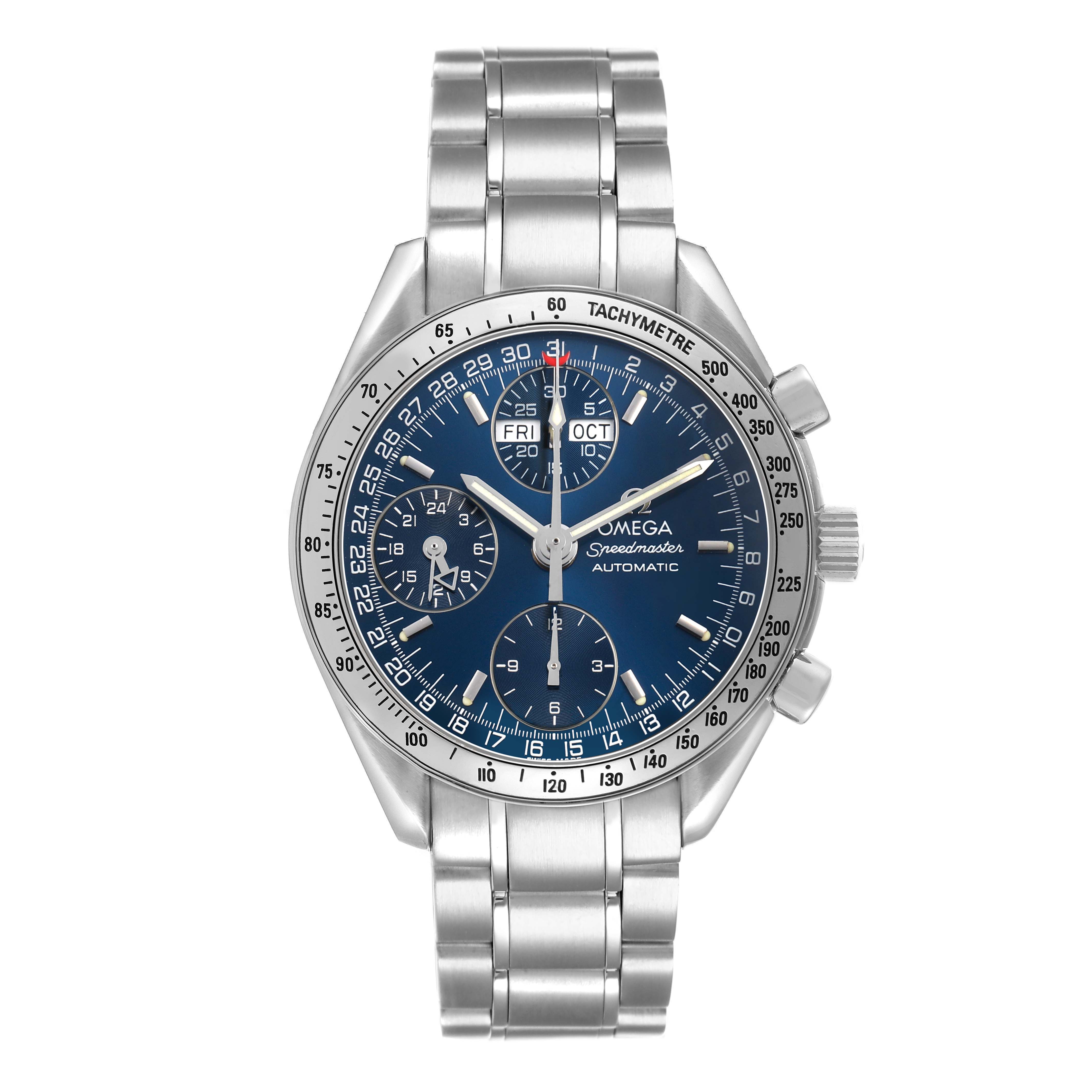 The Omega Speedmaster 3523.80.00 Men's Stainless Steel Blue Dial watch is shown from the front, displaying its blue dial, subdials, tachymeter bezel, and stainless steel bracelet.