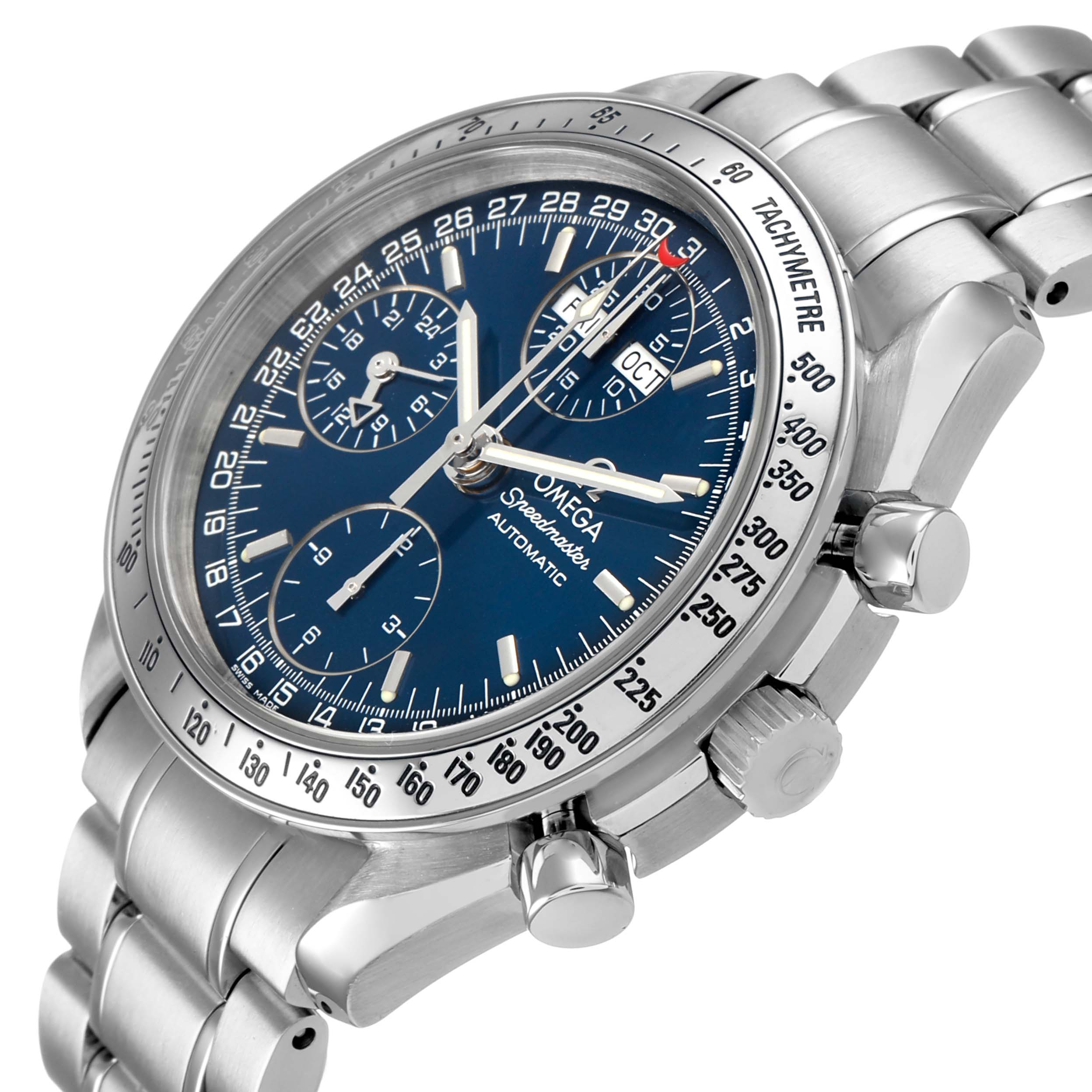 The Omega Speedmaster 3523.80.00 Men's Stainless Steel Blue Dial watch is shown from a three-quarter angle, highlighting the face, bezel, pushers, crown, and bracelet.