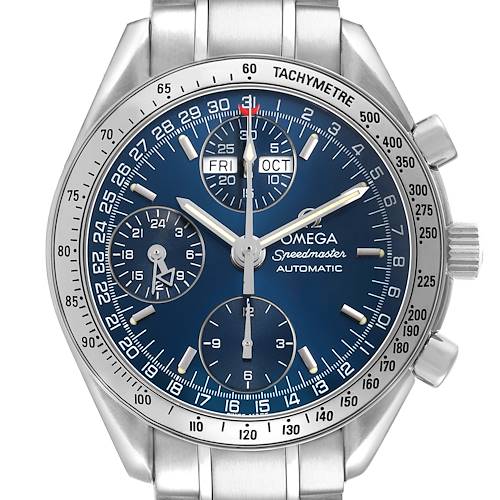 The Omega Speedmaster 3523.80.00 Men's Stainless Steel Blue Dial watch is shown from the front, highlighting the dial, subdials, tachymeter bezel, and pushers.