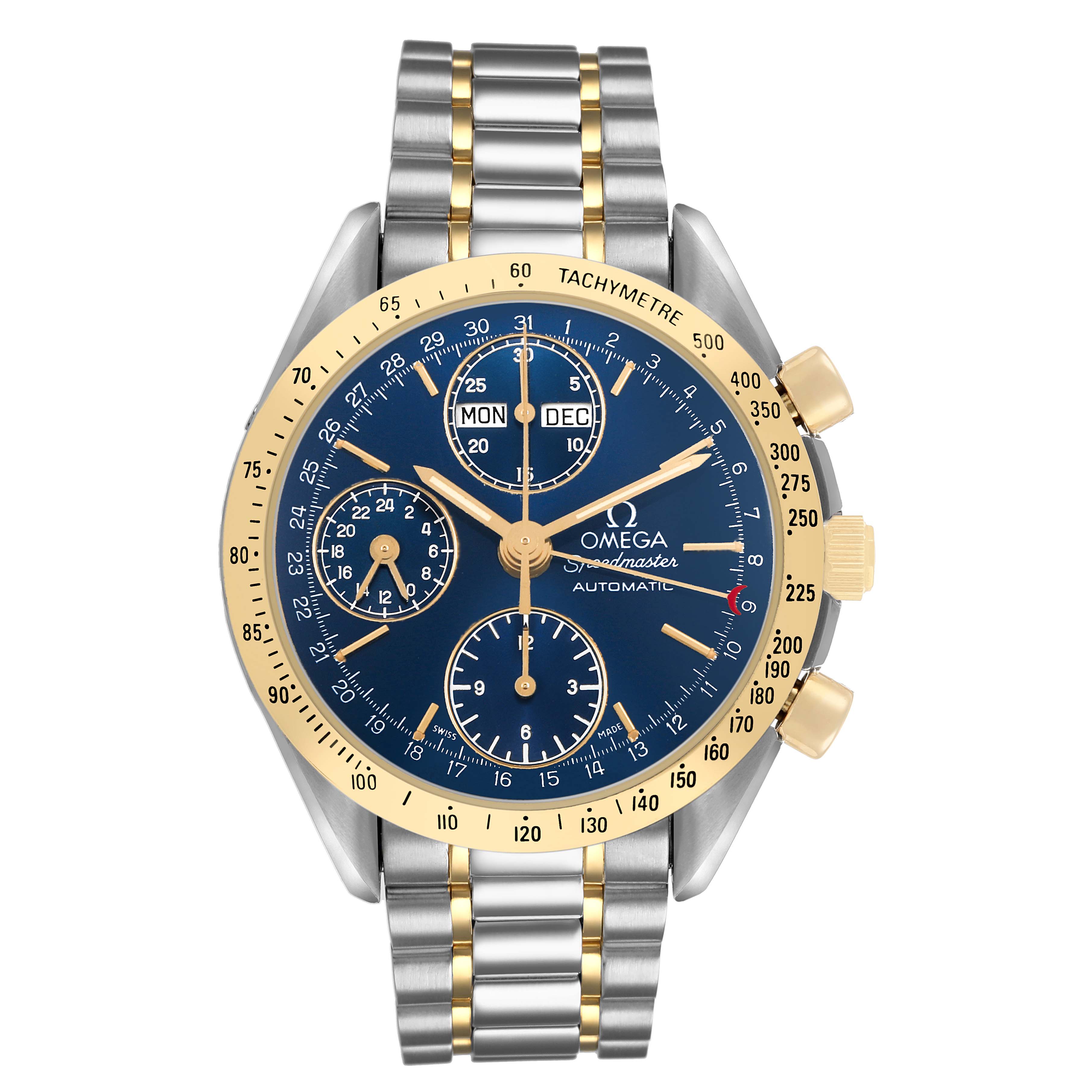 The Omega Speedmaster 3321.80.00 Men's Steel and Gold (two tone) Blue Dial watch is shown from the front, highlighting the dial, bezel, and bracelet.