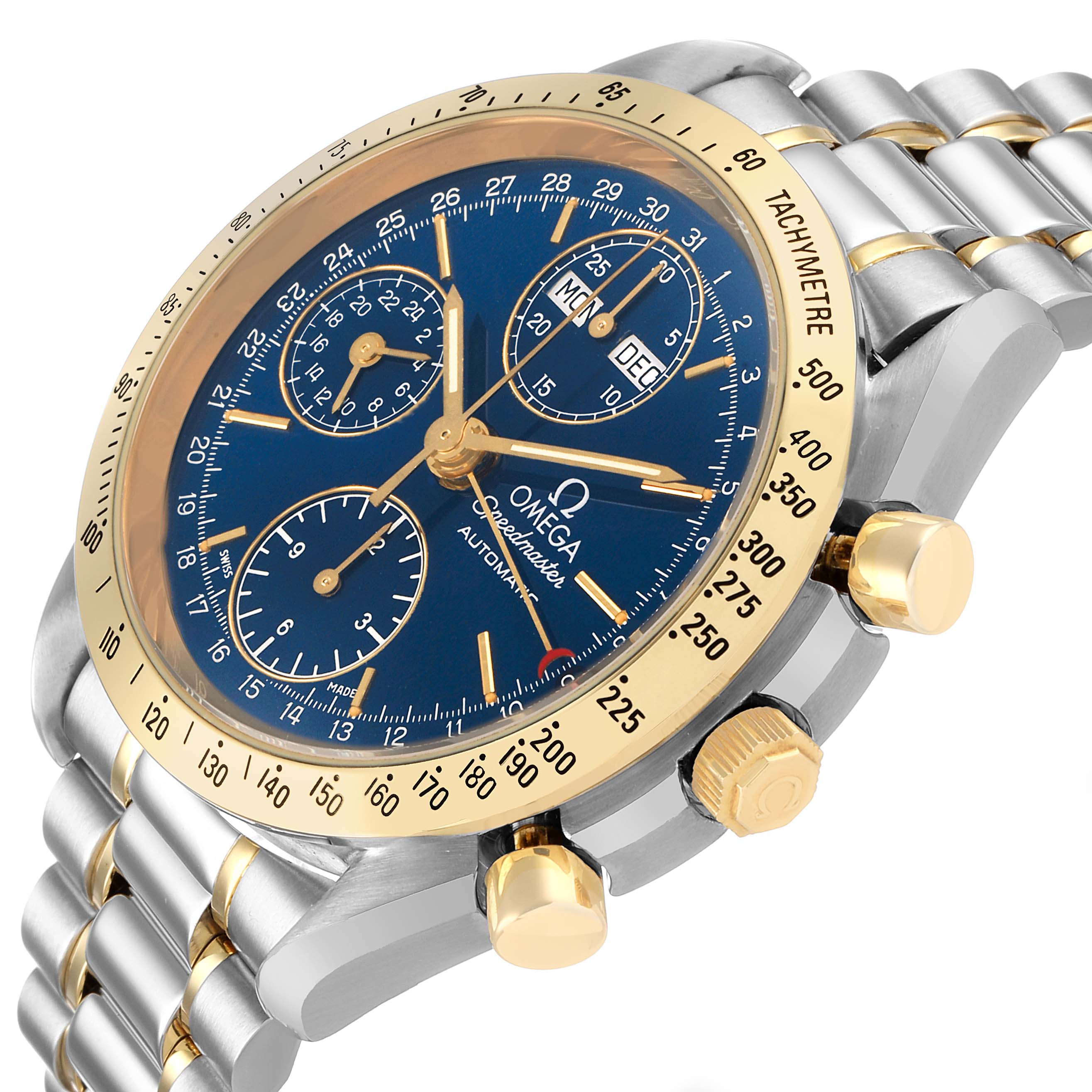 The Omega Speedmaster 3321.80.00 Men's Steel and Gold (two tone) Blue Dial watch is shown at an angled close-up, highlighting its dial, bezel, and side pushers.