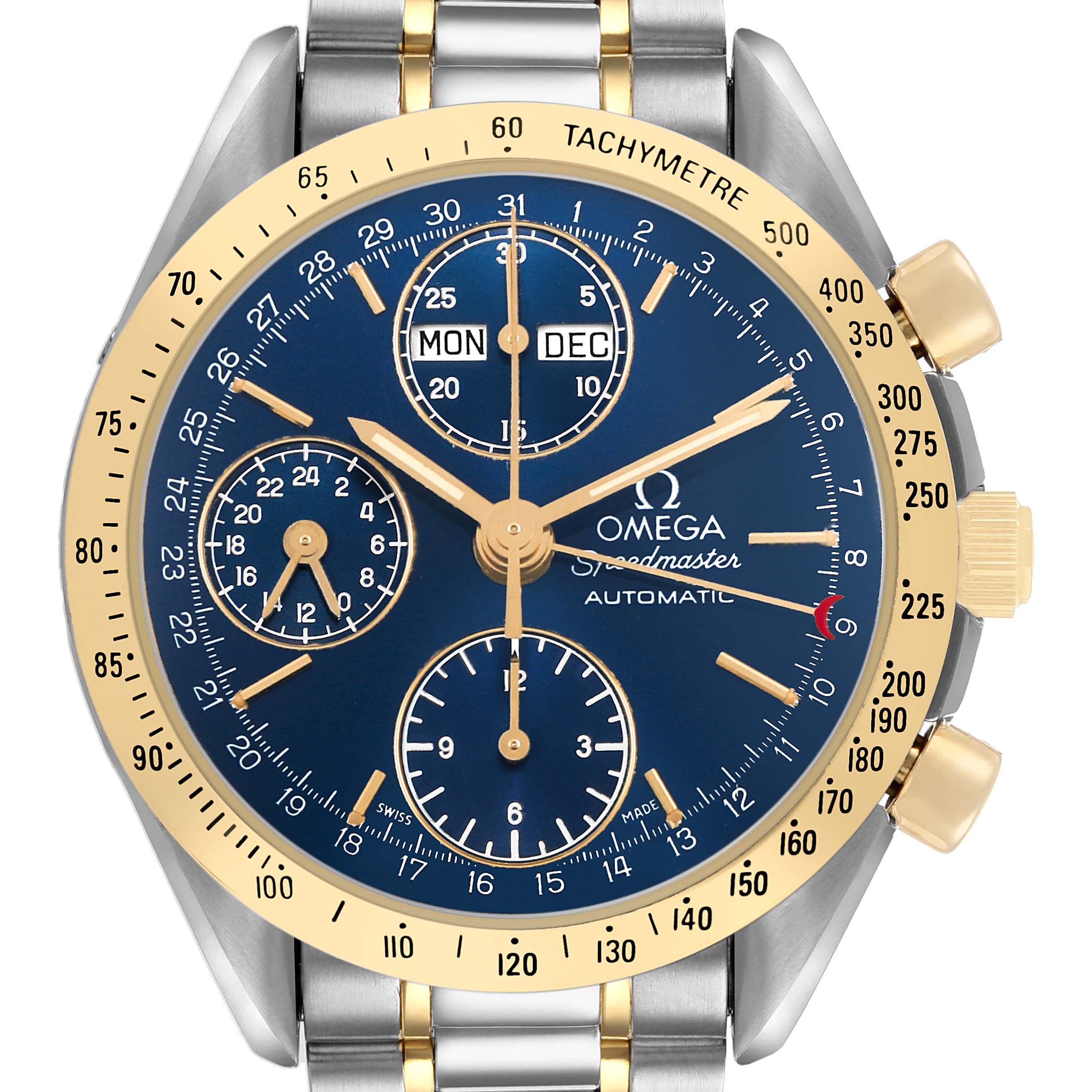 The Omega Speedmaster 3321.80.00 Men's Steel and Gold (two tone) Blue Dial watch is shown from a front angle, displaying its blue dial, gold bezel, and tachymeter scale.