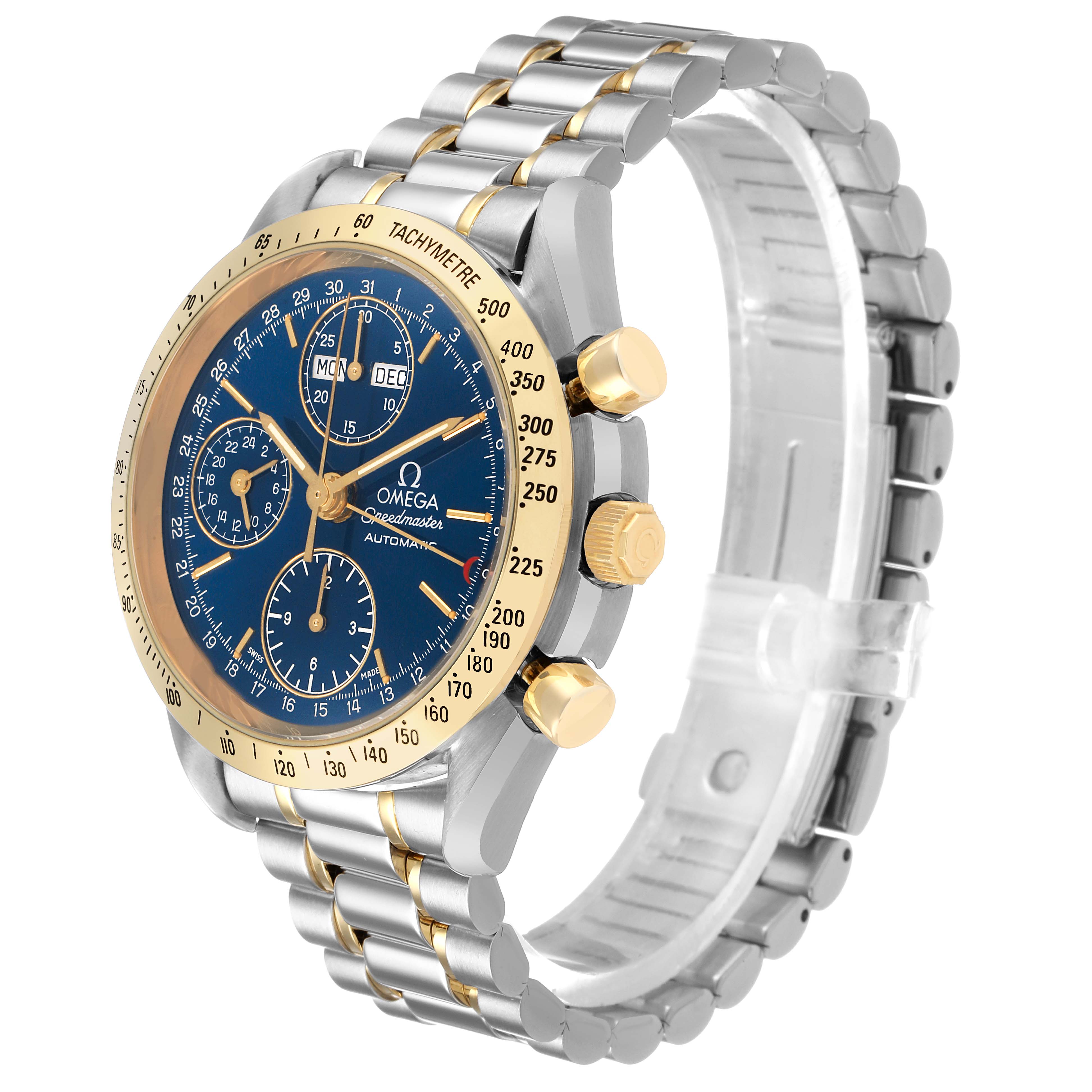 The Omega Speedmaster 3321.80.00 Men's Steel and Gold (two tone) Blue Dial watch is shown at a three-quarter angle, highlighting the face, bezel, pushers, and bracelet.