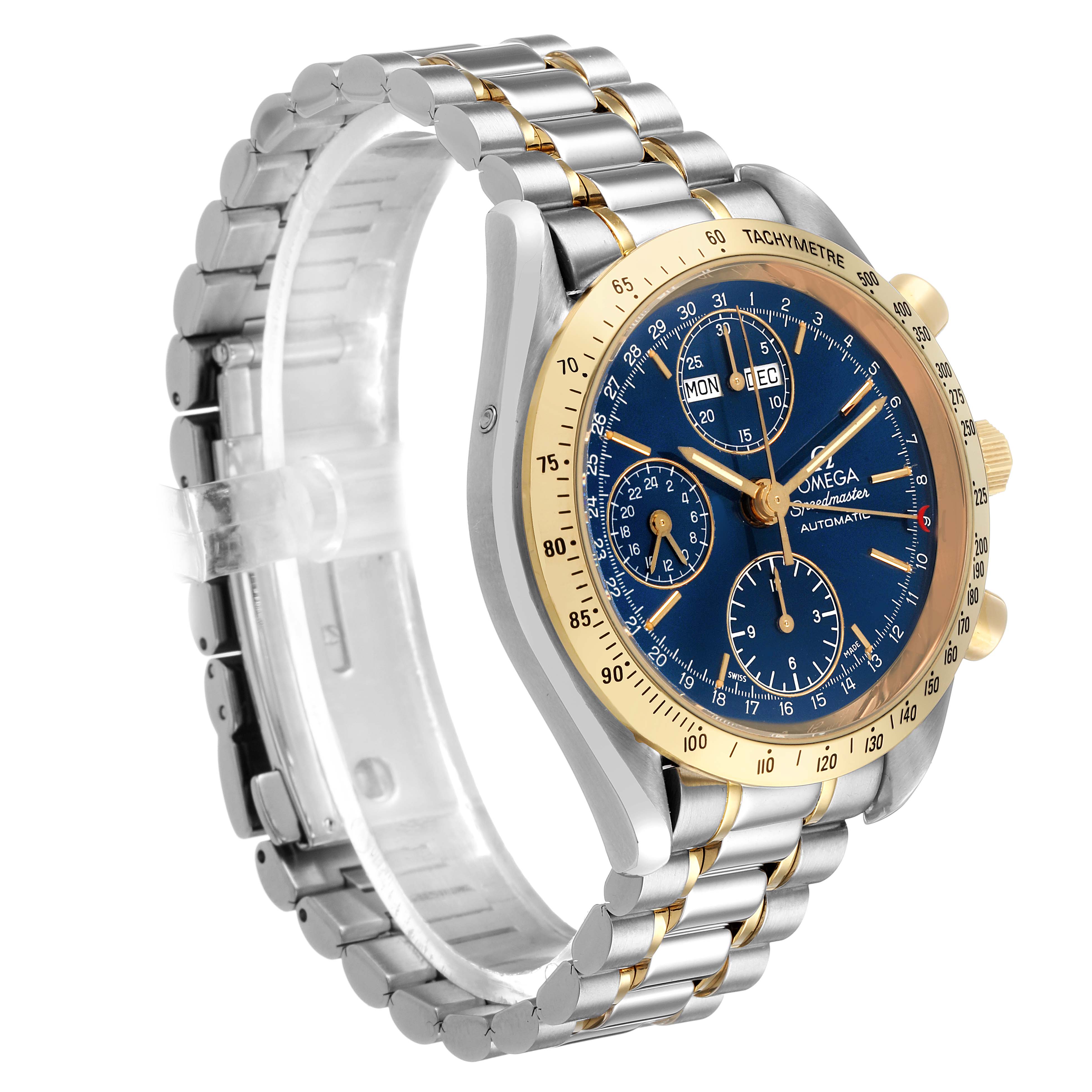The Omega Speedmaster 3321.80.00 Men's Steel and Gold (two tone) Blue Dial watch is shown from a three-quarter angle, displaying the face, bezel, and metal bracelet.