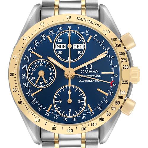 The image shows a front view of the Omega Speedmaster 3321.80.00 Men's Steel and Gold (two tone) Blue Dial watch, highlighting its blue dial, gold bezel, and tachymeter scale.