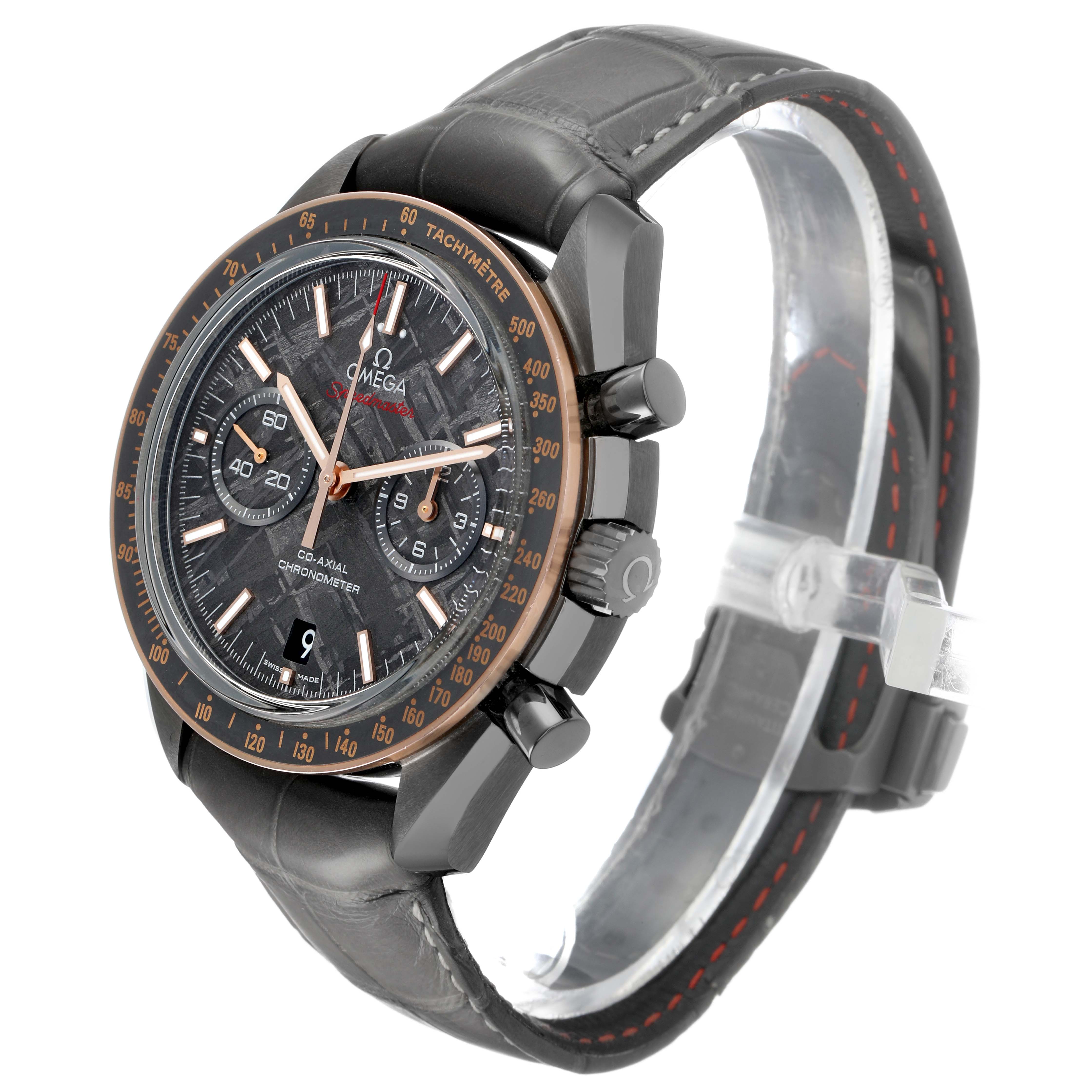 The Omega Speedmaster 311.63.44.51.99.001 Men's Ceramic Grey Dial is shown at a three-quarter angle, displaying the face, bezel, and side pushers.