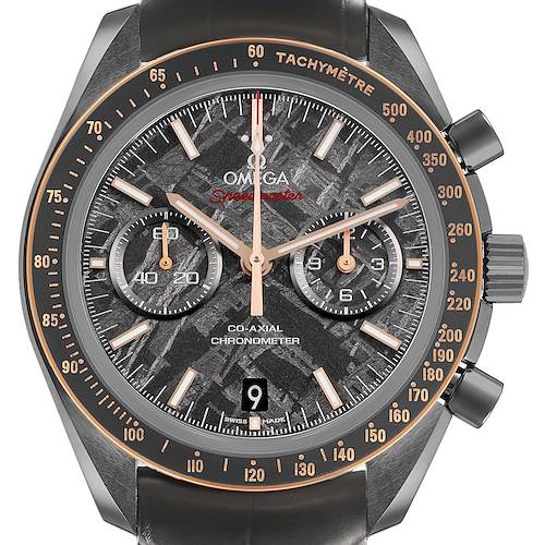 The image shows the Omega Speedmaster 311.63.44.51.99.001 Men's Ceramic Grey Dial watch face directly, featuring subdials, a tachymeter, and a date window.