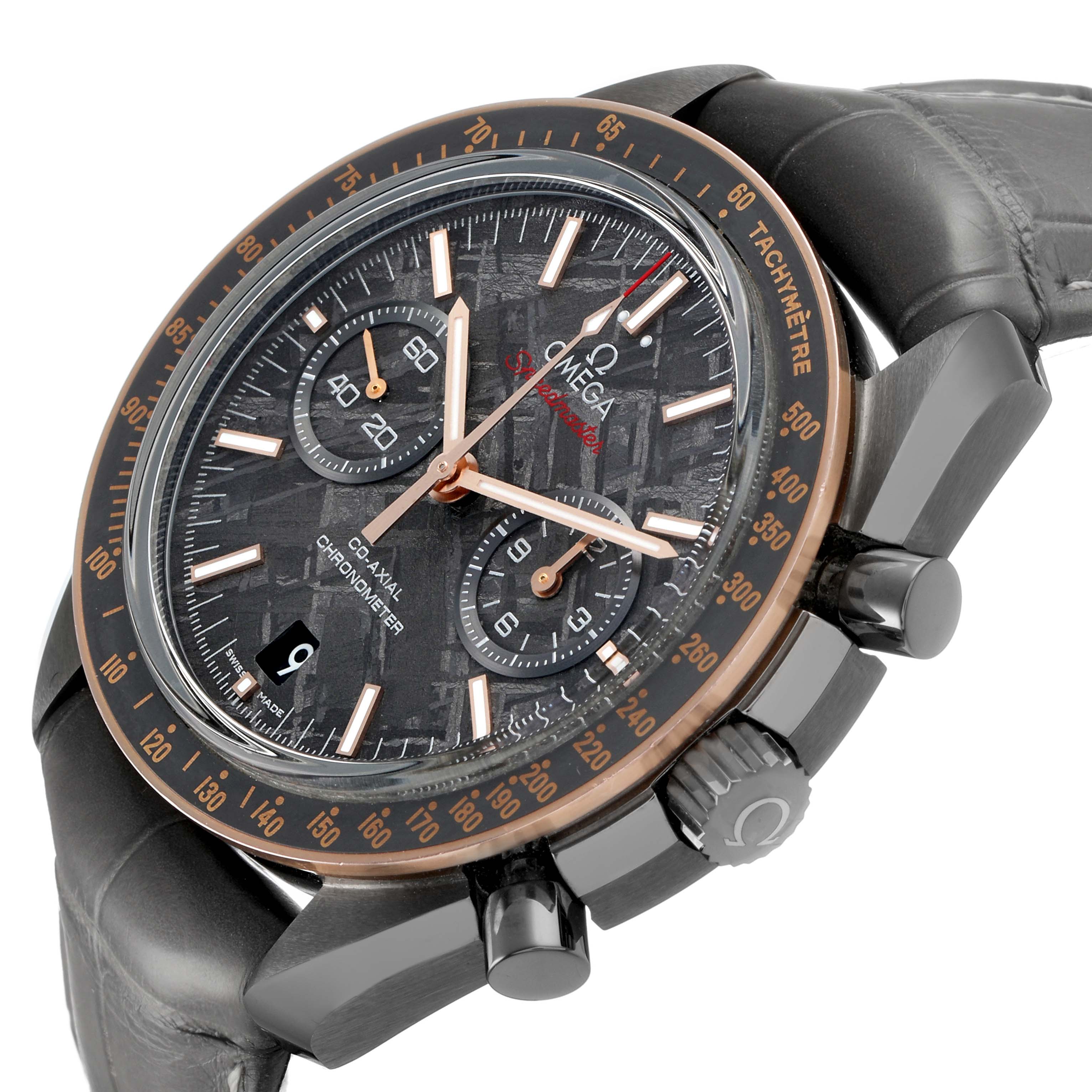 The Omega Speedmaster 311.63.44.51.99.001 Men's Ceramic Grey Dial is shown at an angled view, highlighting the dial, bezel, subdials, crown, and strap.