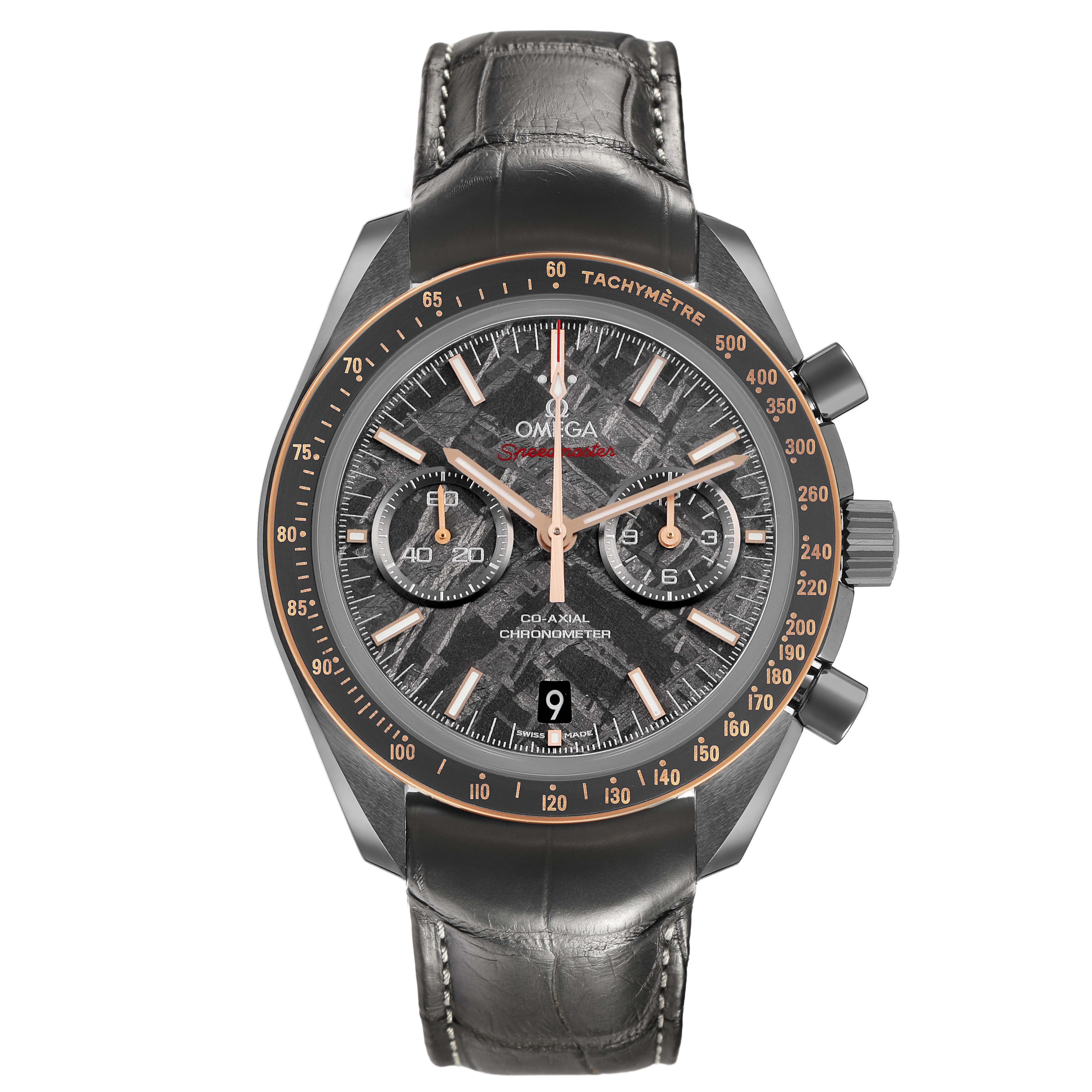 The Omega Speedmaster 311.63.44.51.99.001 Men's Ceramic Grey Dial watch is shown from a front angle, displaying its chronograph dials, tachymeter, and leather strap.