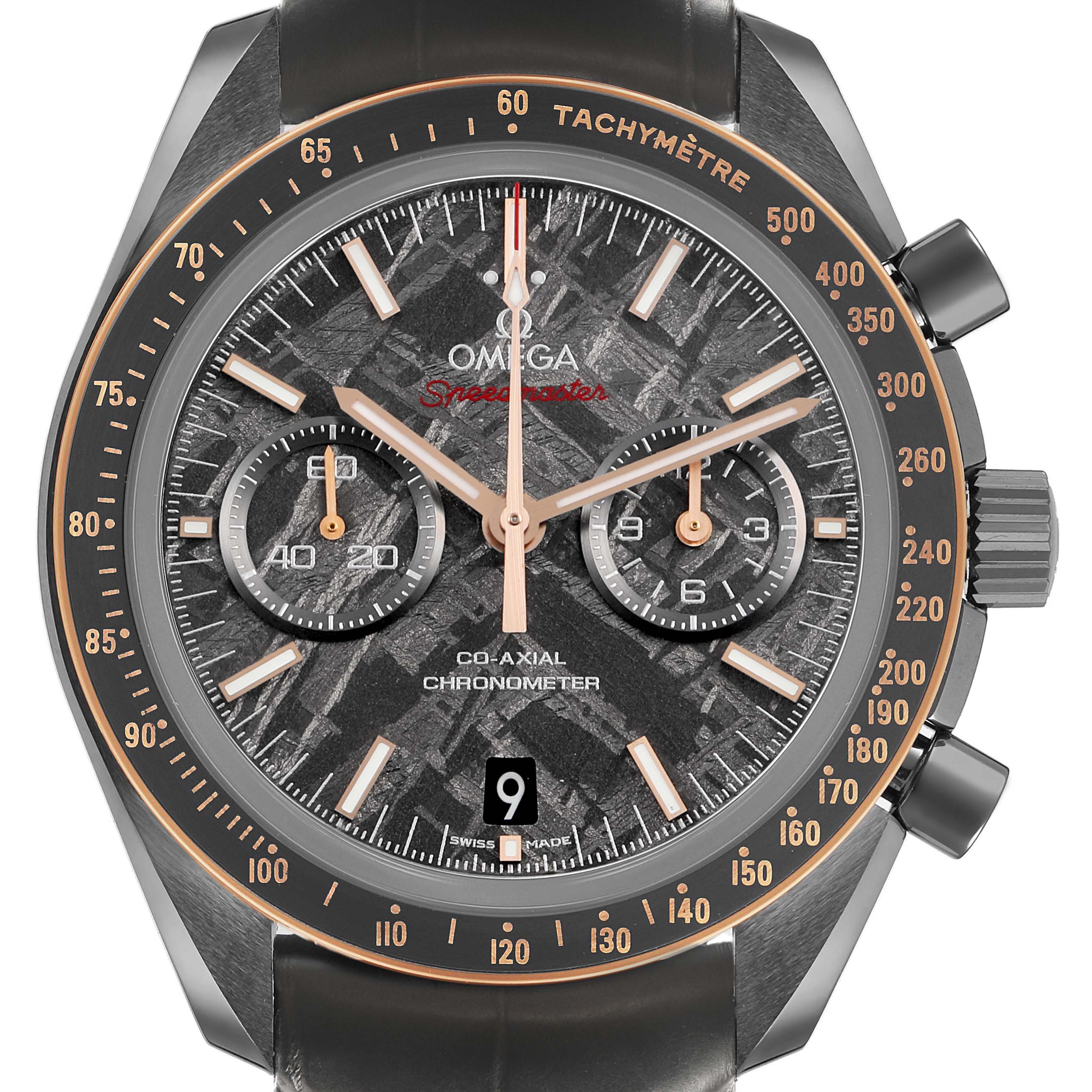 The Omega Speedmaster 311.63.44.51.99.001 Men's Ceramic Grey Dial watch is shown from a front angle highlighting the dial, subdials, tachymeter bezel, and crown.