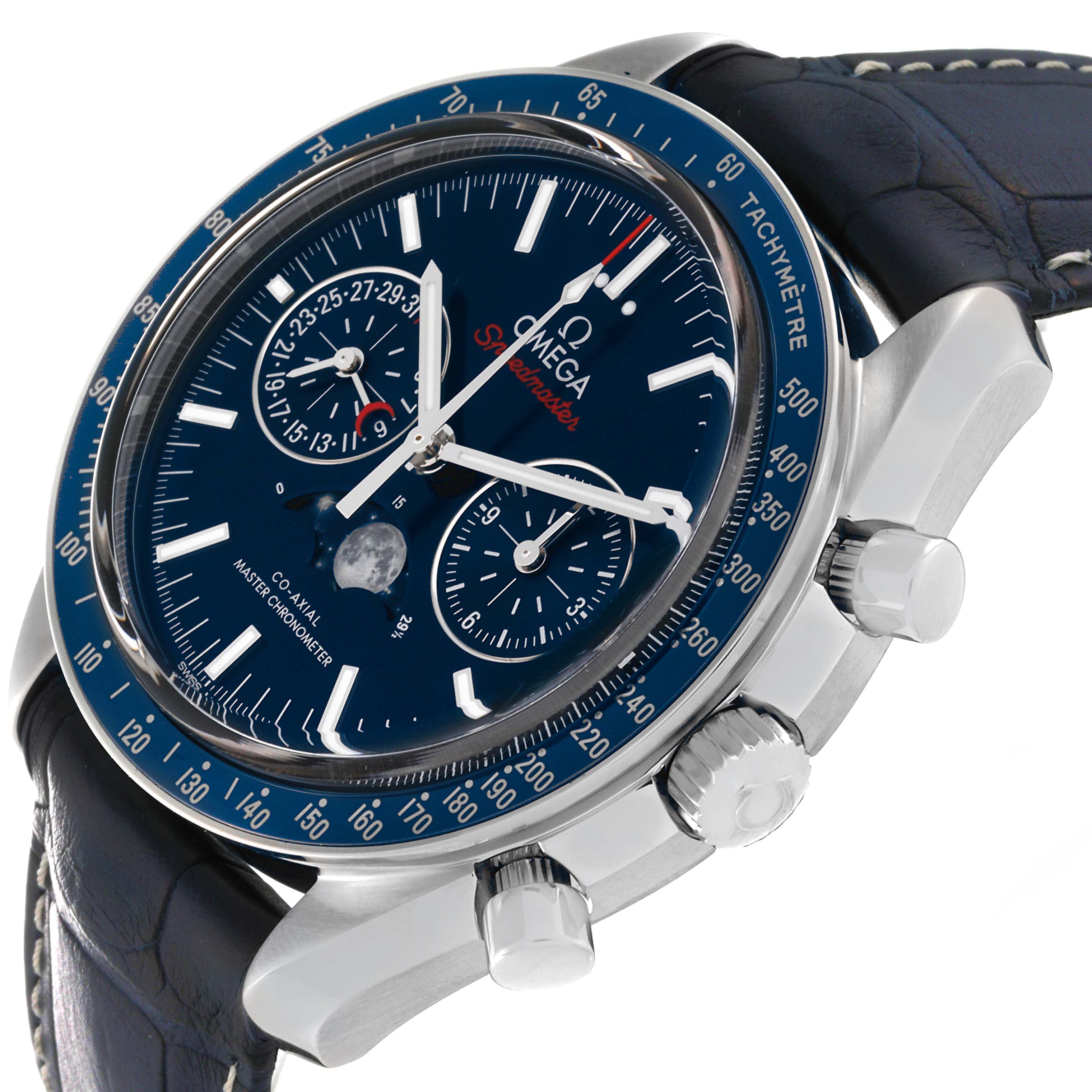 The Omega Speedmaster 304.33.44.52.03.001 Men
s Stainless Steel Blue Dial 304.33.44.52.03.001 Men
s Stainless Steel Blue Dial watch is shown at an angle, highlighting the dial, subdials, tachymeter, and crown.